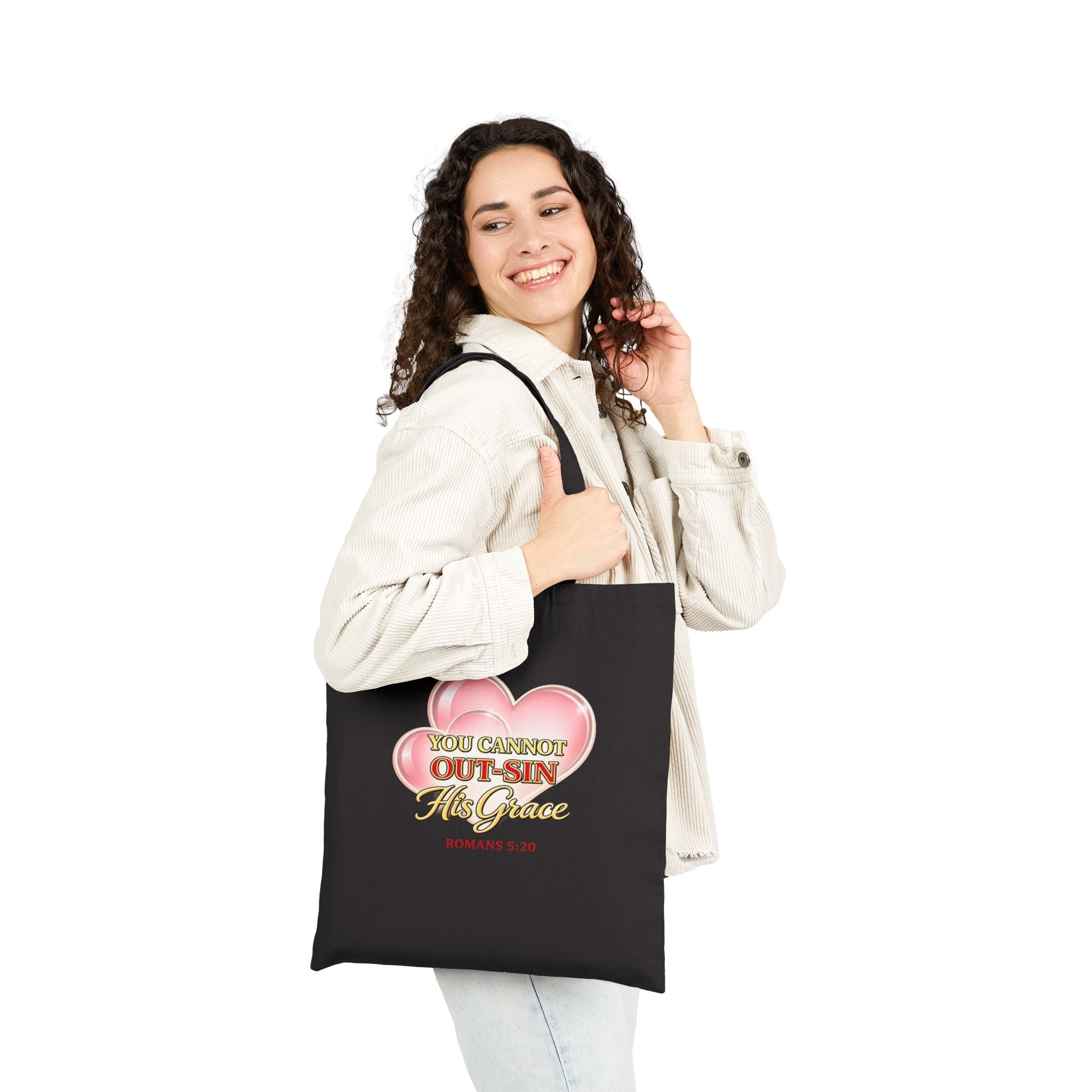 Canvas Tote Bag — "You Cannot Out-Sin His Grace" Christian Scripture Tote (Romans 5:20)
