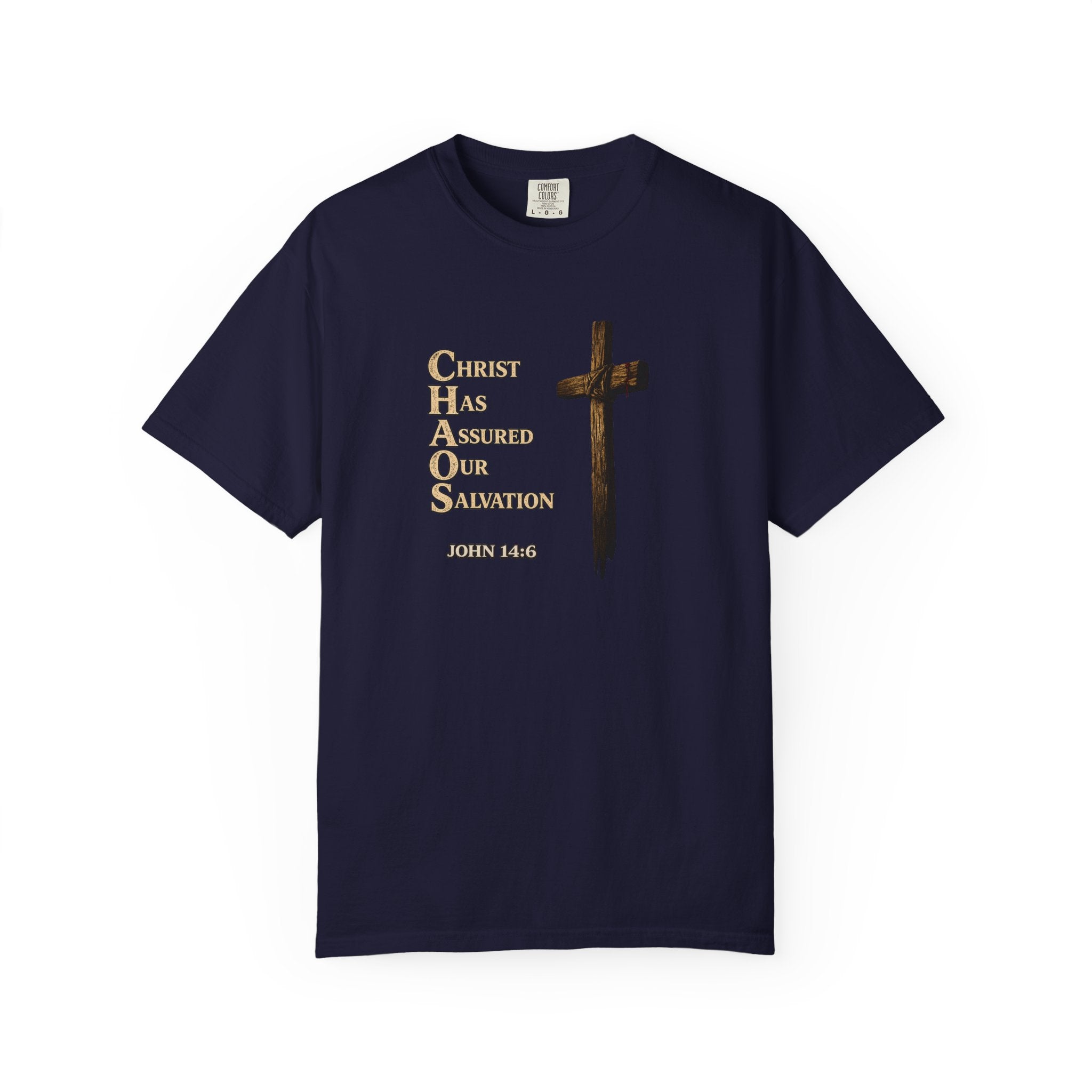 Christian Cross T-Shirt — "Christ Has Answered Our Salvation" Faith Tee (Back: "Full Armor of God")