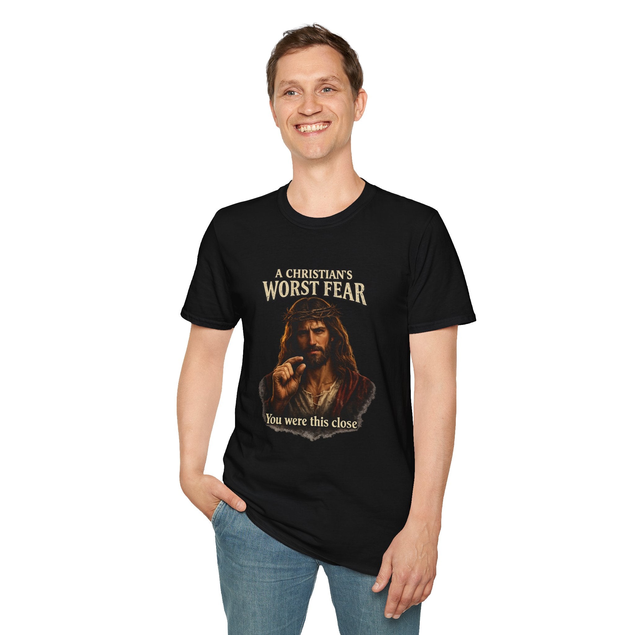 T-Shirt — “A Christian’s Worst Fear: You Were This Close” Vintage Jesus Holiday Tee