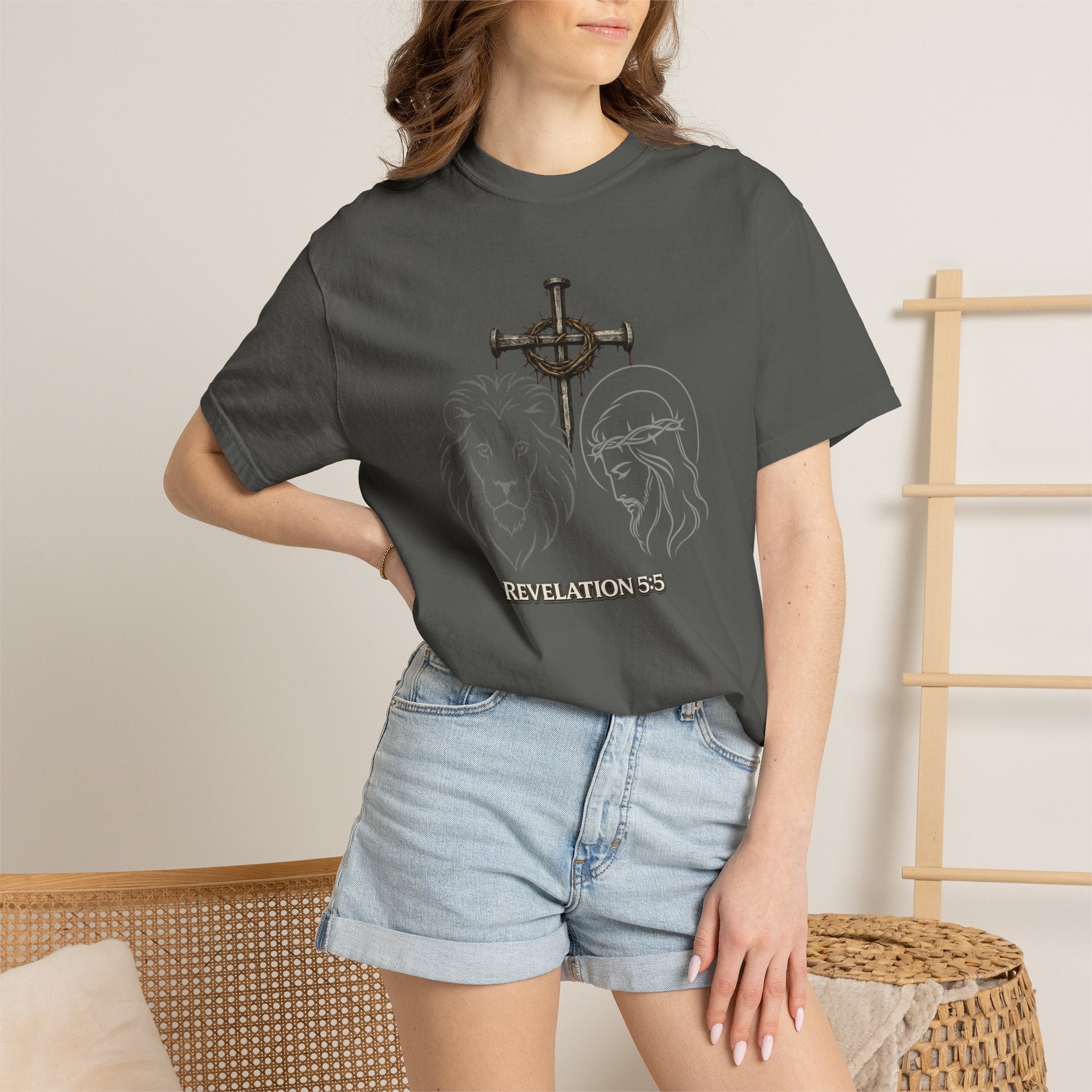 Christian Lion & Cross T-Shirt — 'Revelation 5' Faith Graphic Tee