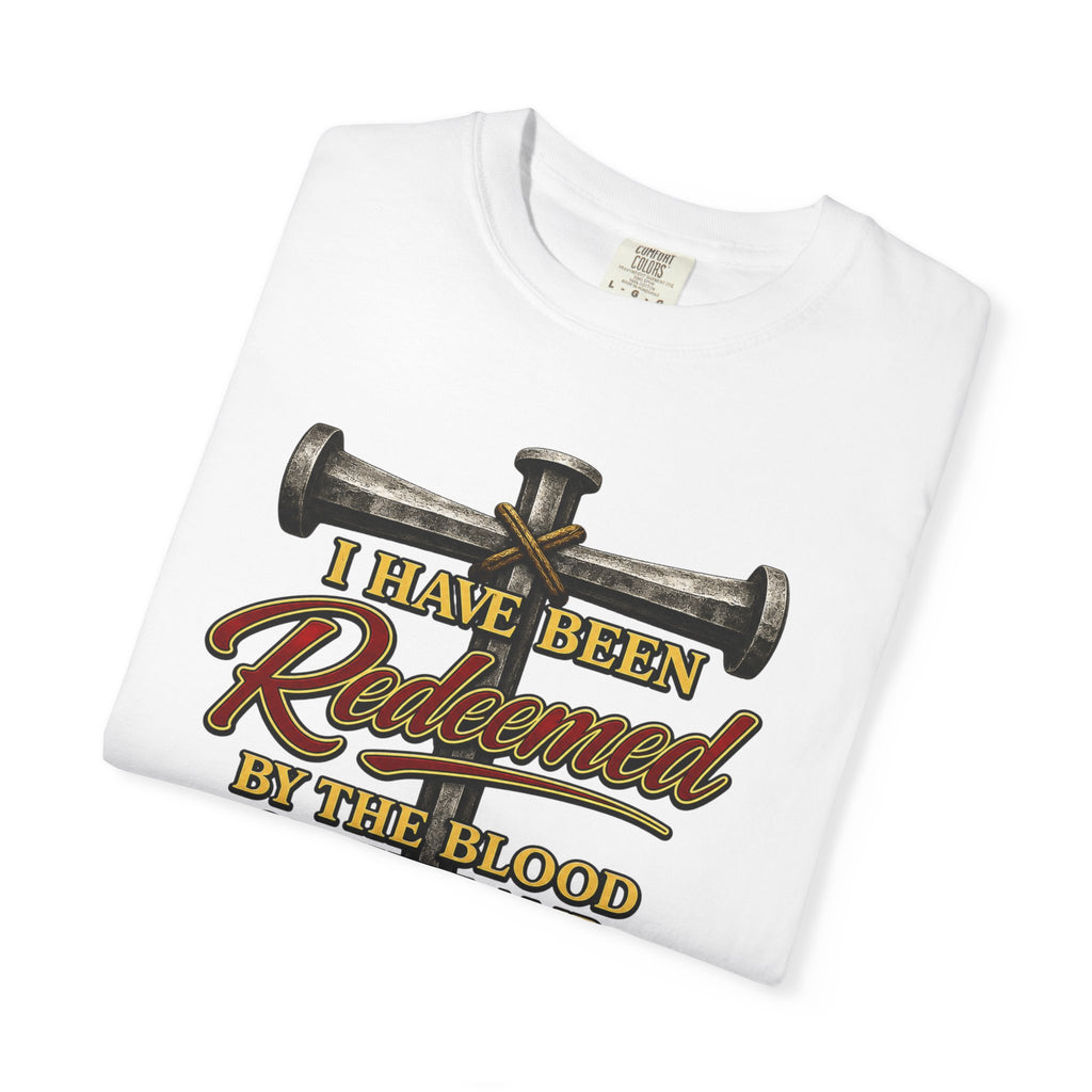 Redeemed by the Blood T-Shirt — Christian Cross & Nail Faith Tee (1 Peter 1:18-19)