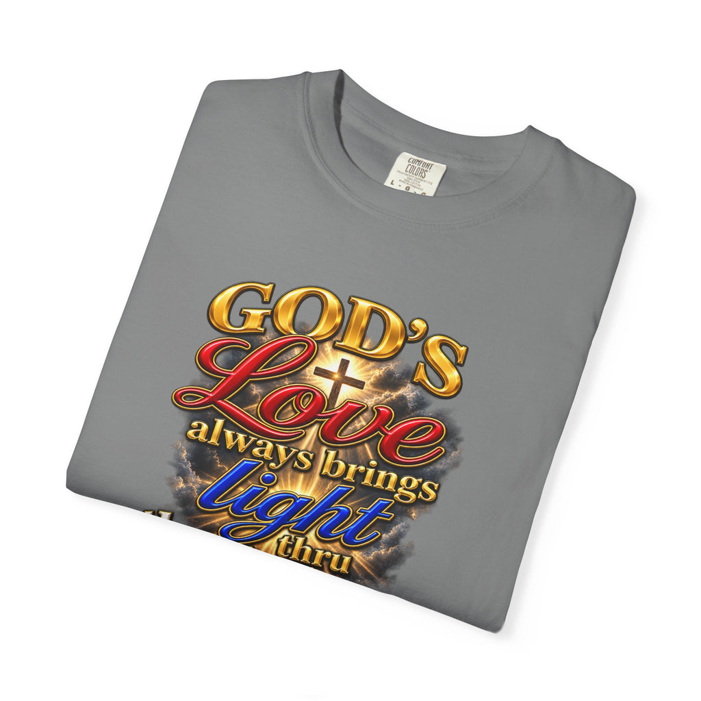 Christian Faith T-Shirt – “God’s Love Always Brings Light” Scripture Tee (John 8:12)