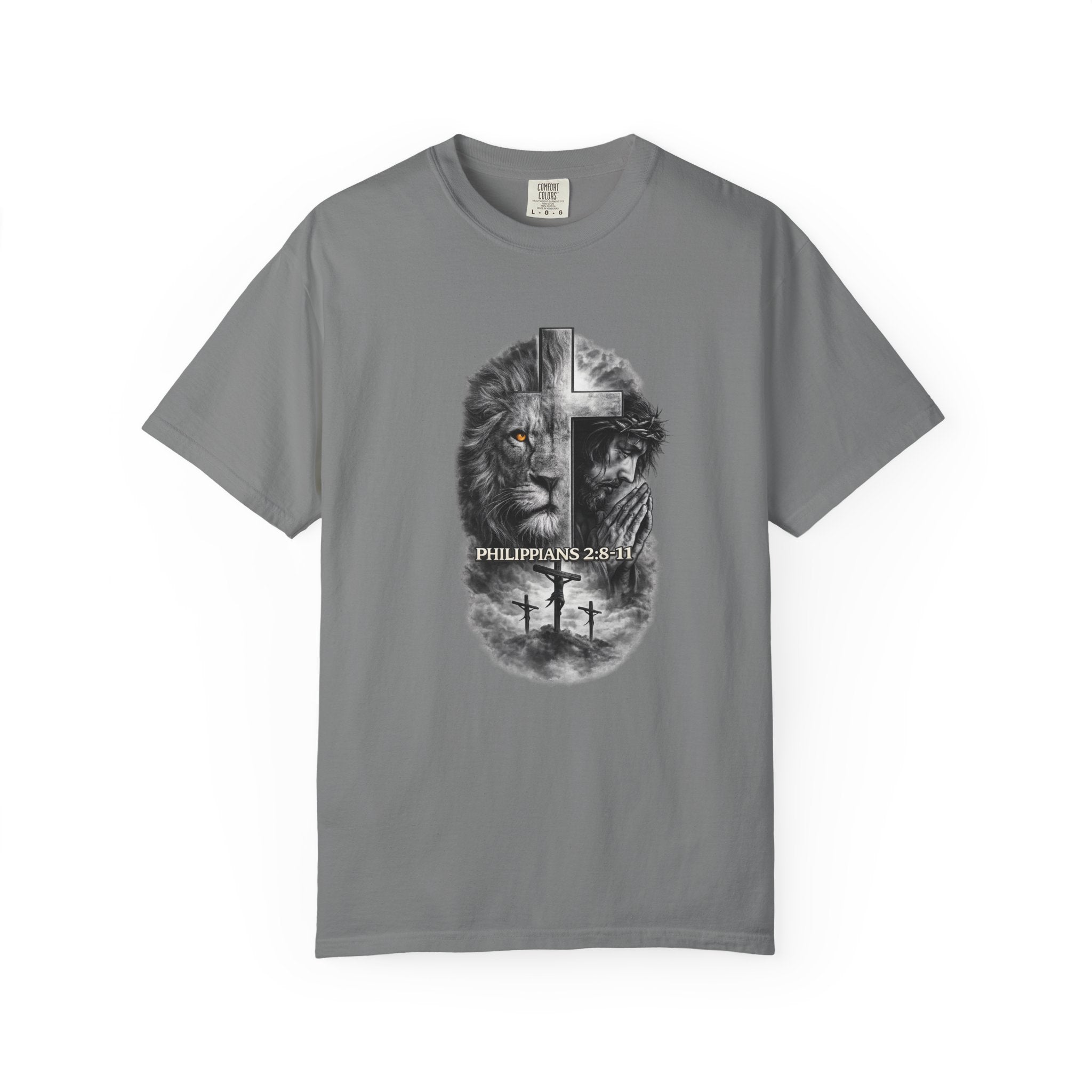 Christian Lion Cross T-Shirt — Philippians 2:8 Faith Graphic Tee