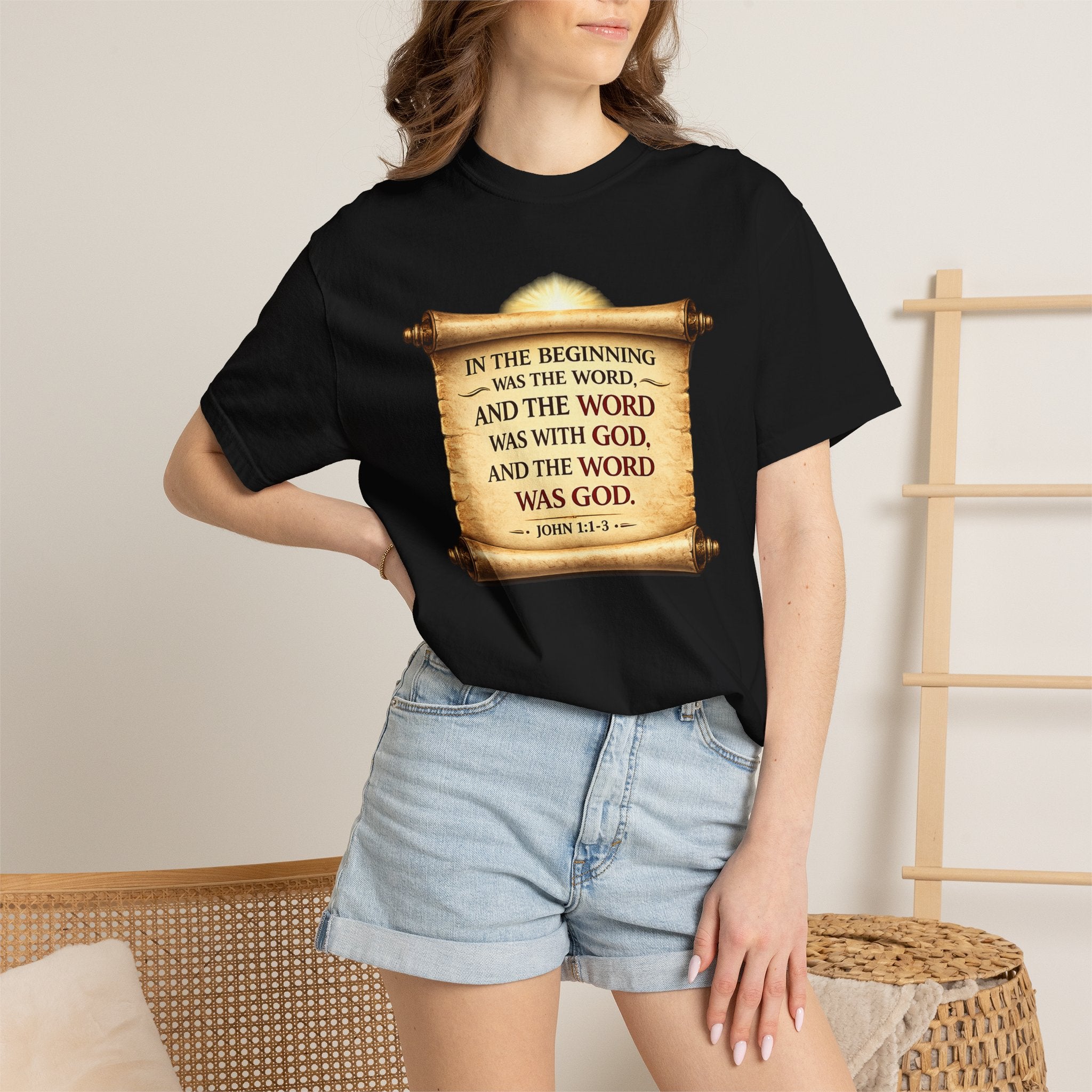 T-shirt — "In the Beginning Was the Word" John 1:1 Scroll Christian Tee