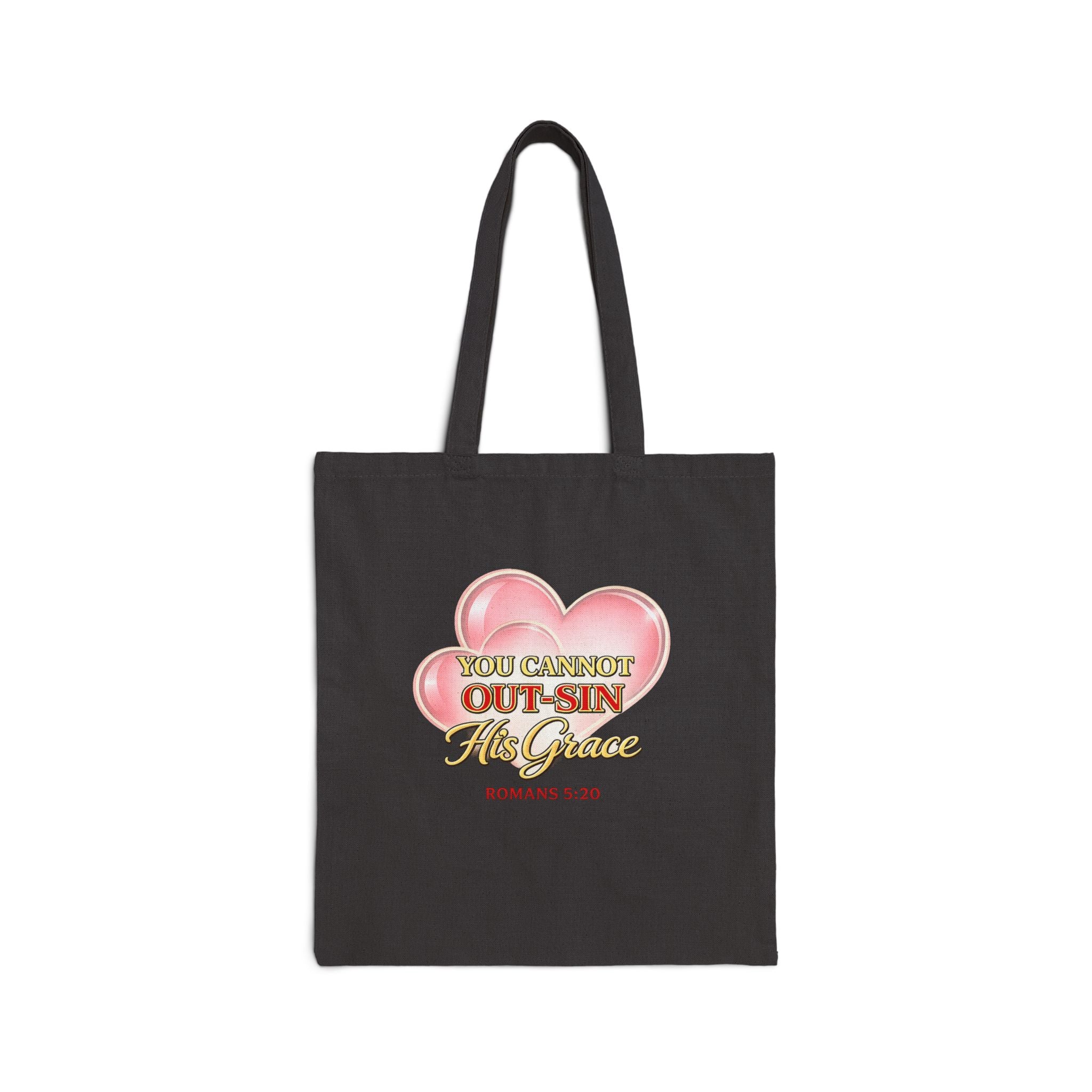 Canvas Tote Bag — "You Cannot Out-Sin His Grace" Christian Scripture Tote (Romans 5:20)