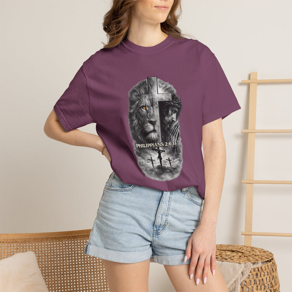 Christian Lion Cross T-Shirt — Philippians 2:8 Faith Graphic Tee