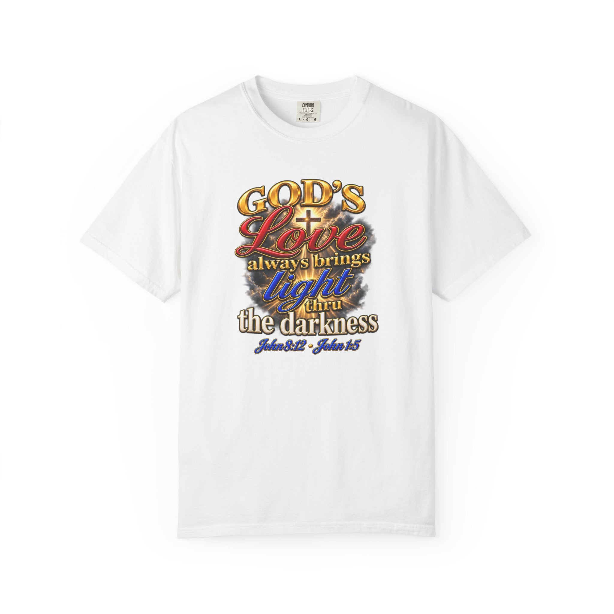 Christian Faith T-Shirt – “God’s Love Always Brings Light” Scripture Tee (John 8:12)