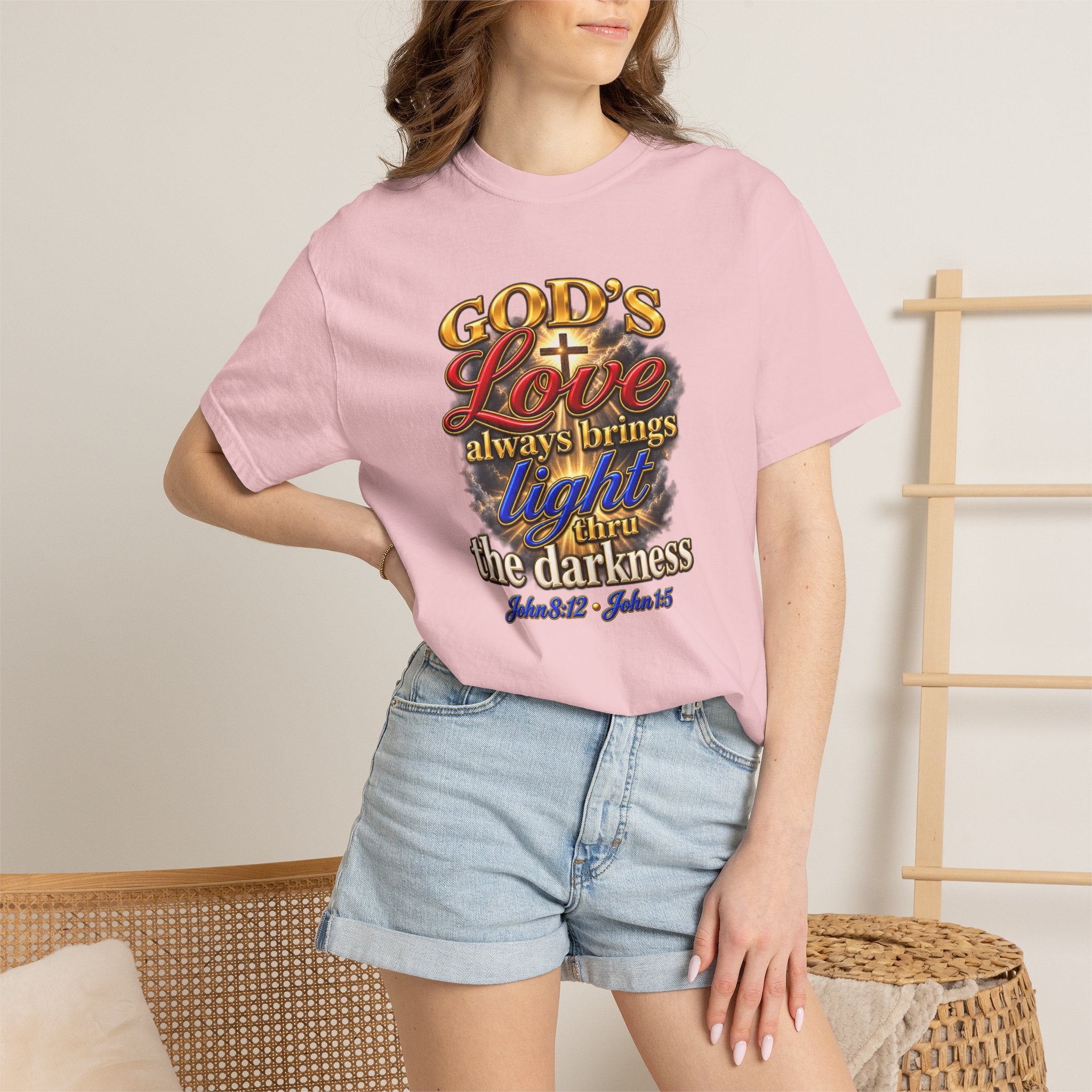 Christian Faith T-Shirt – “God’s Love Always Brings Light” Scripture Tee (John 8:12)