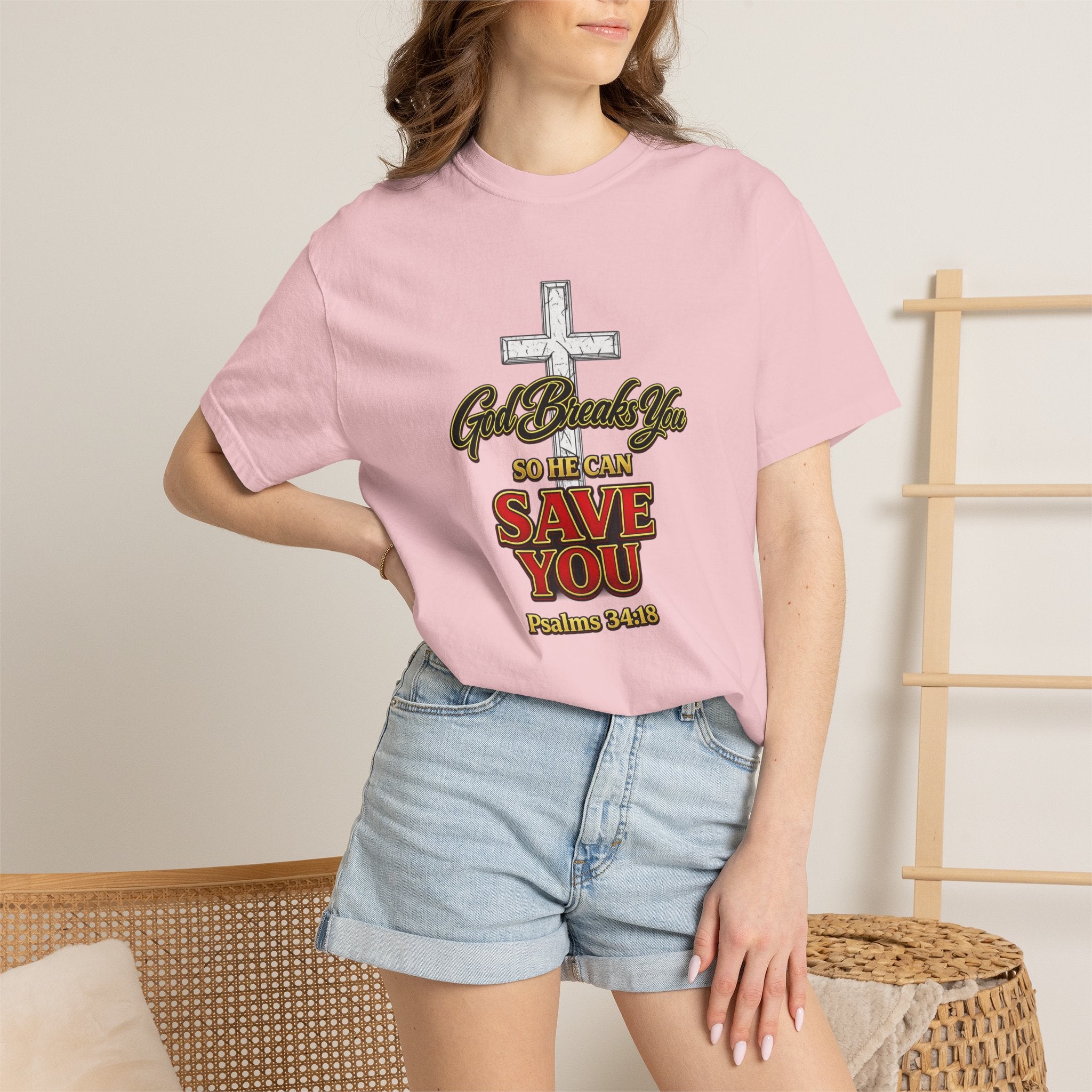 Christian Cross T-Shirt — "God Broke In So He Can Save You" (Psalms 34:19)