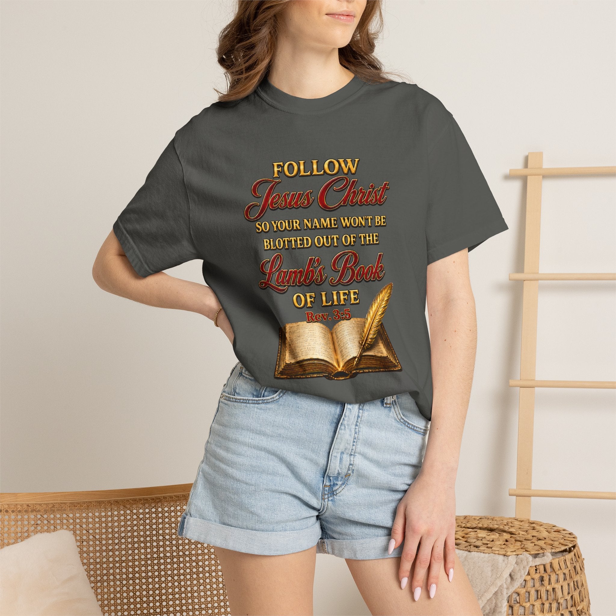 Christian T-Shirt - "Follow Jesus Christ" Bible Verse Graphic Tee (Book of Life)