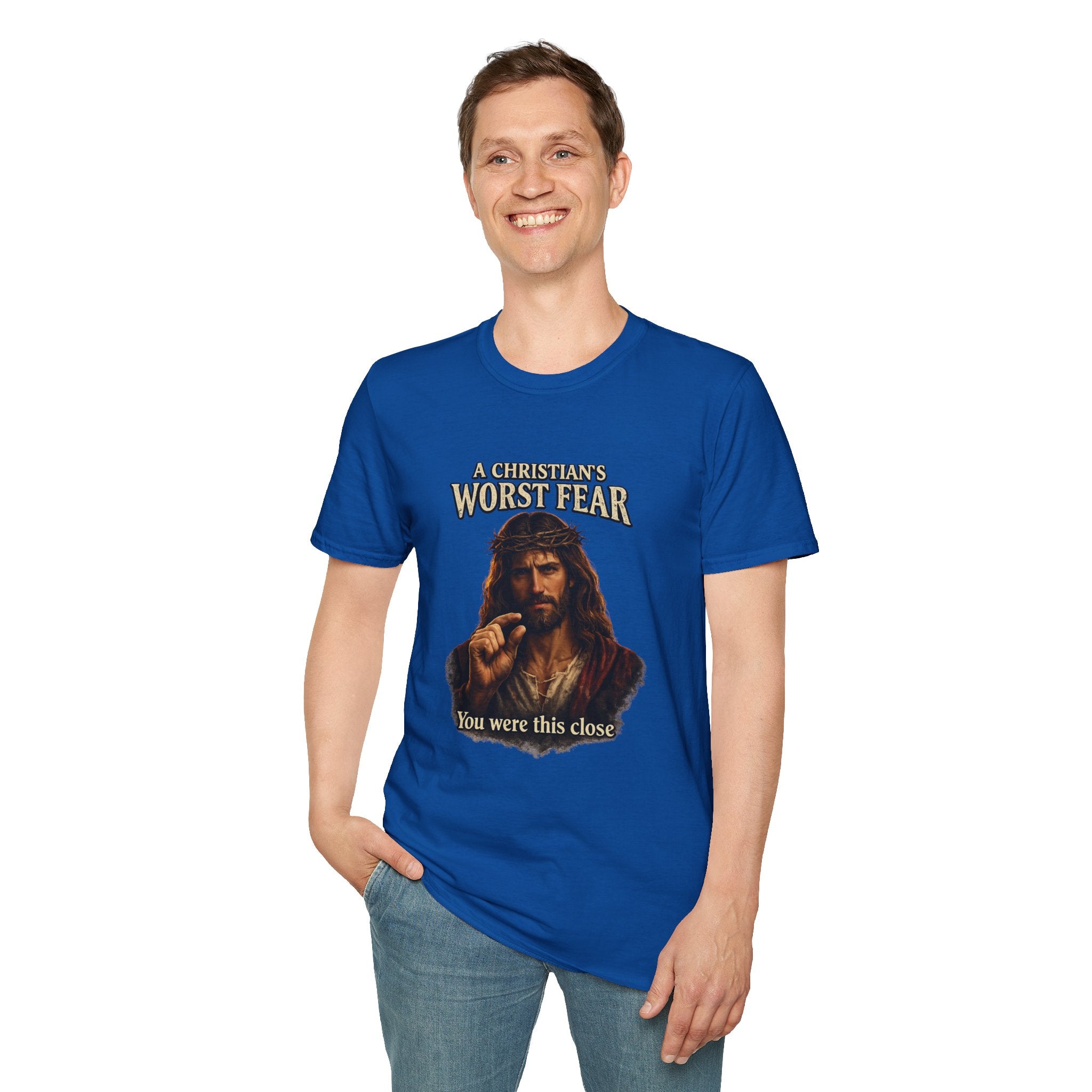 T-Shirt — “A Christian’s Worst Fear: You Were This Close” Vintage Jesus Holiday Tee