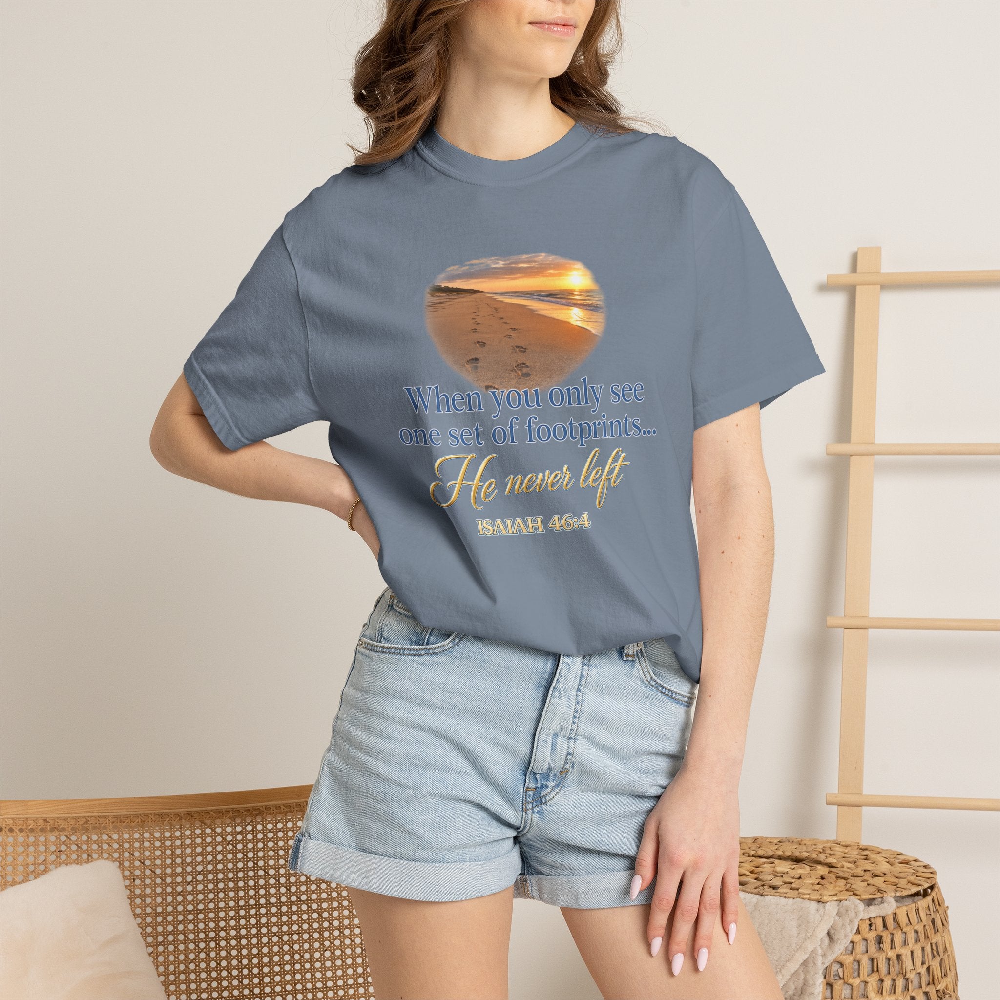 Footprints Bible Verse T-Shirt — "When You Only See One Set of Footprints... He Never Left"