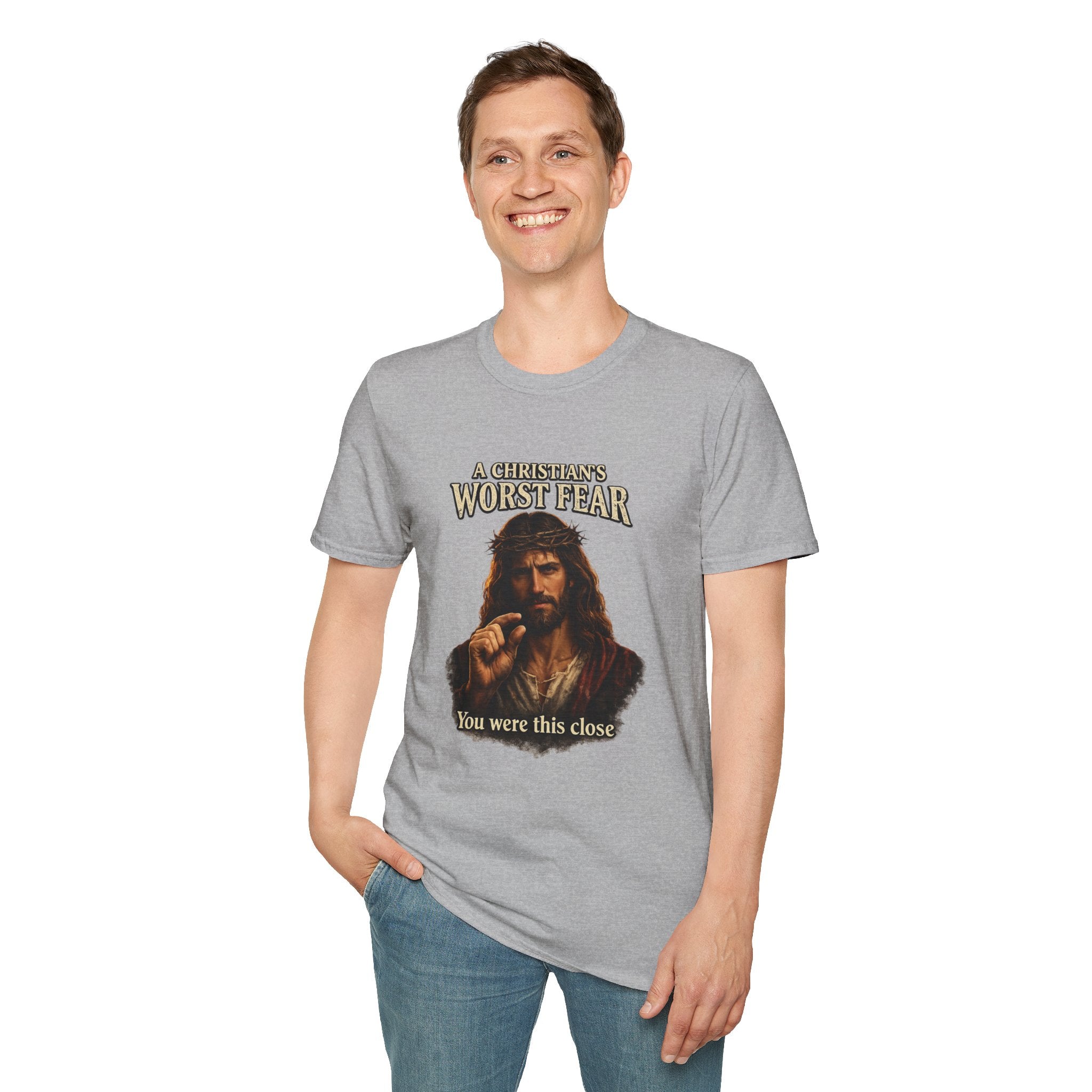 T-Shirt — “A Christian’s Worst Fear: You Were This Close” Vintage Jesus Holiday Tee