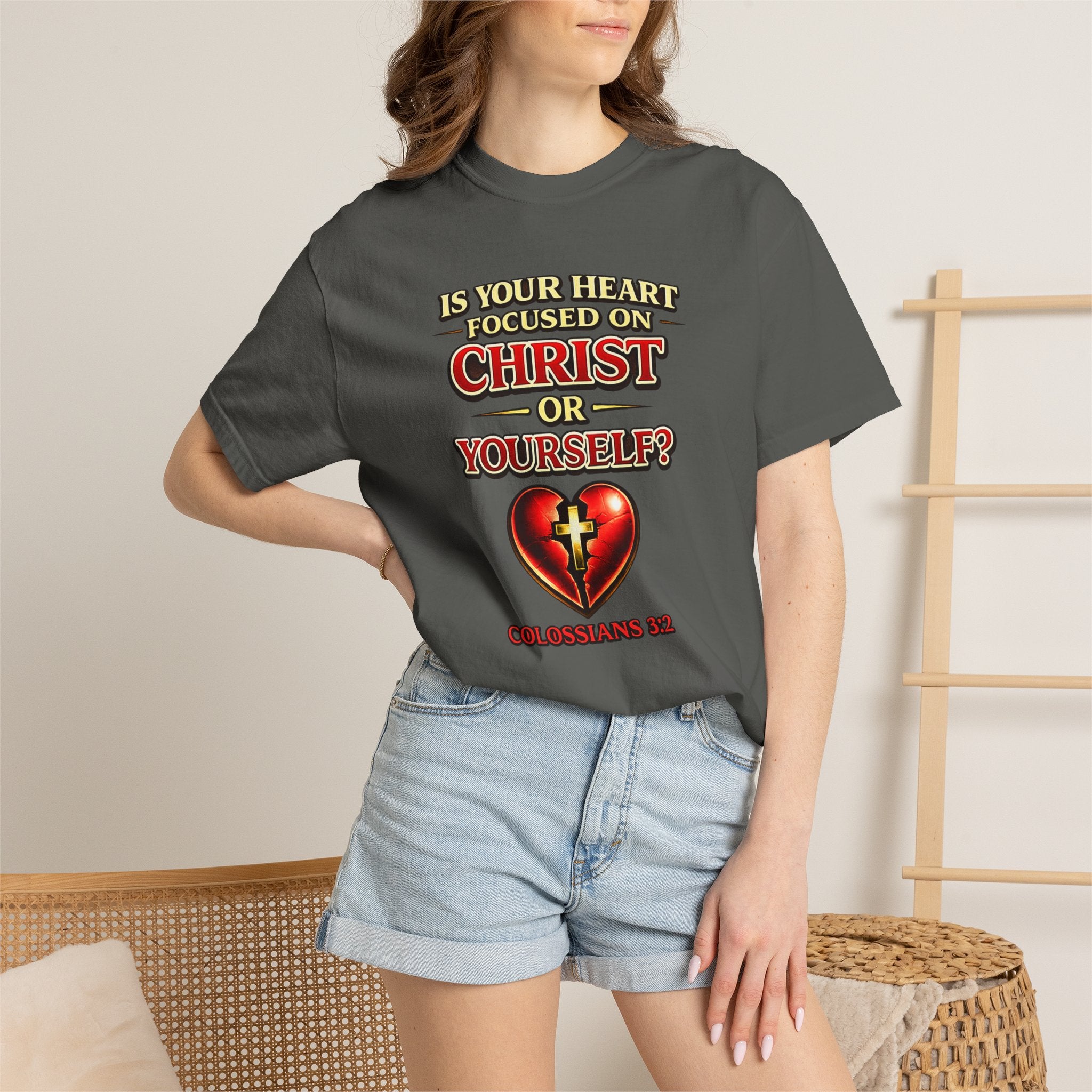 Christian Graphic T-Shirt — “Is Your Heart Focused on Christ or Yourself?” with Heart & Cross