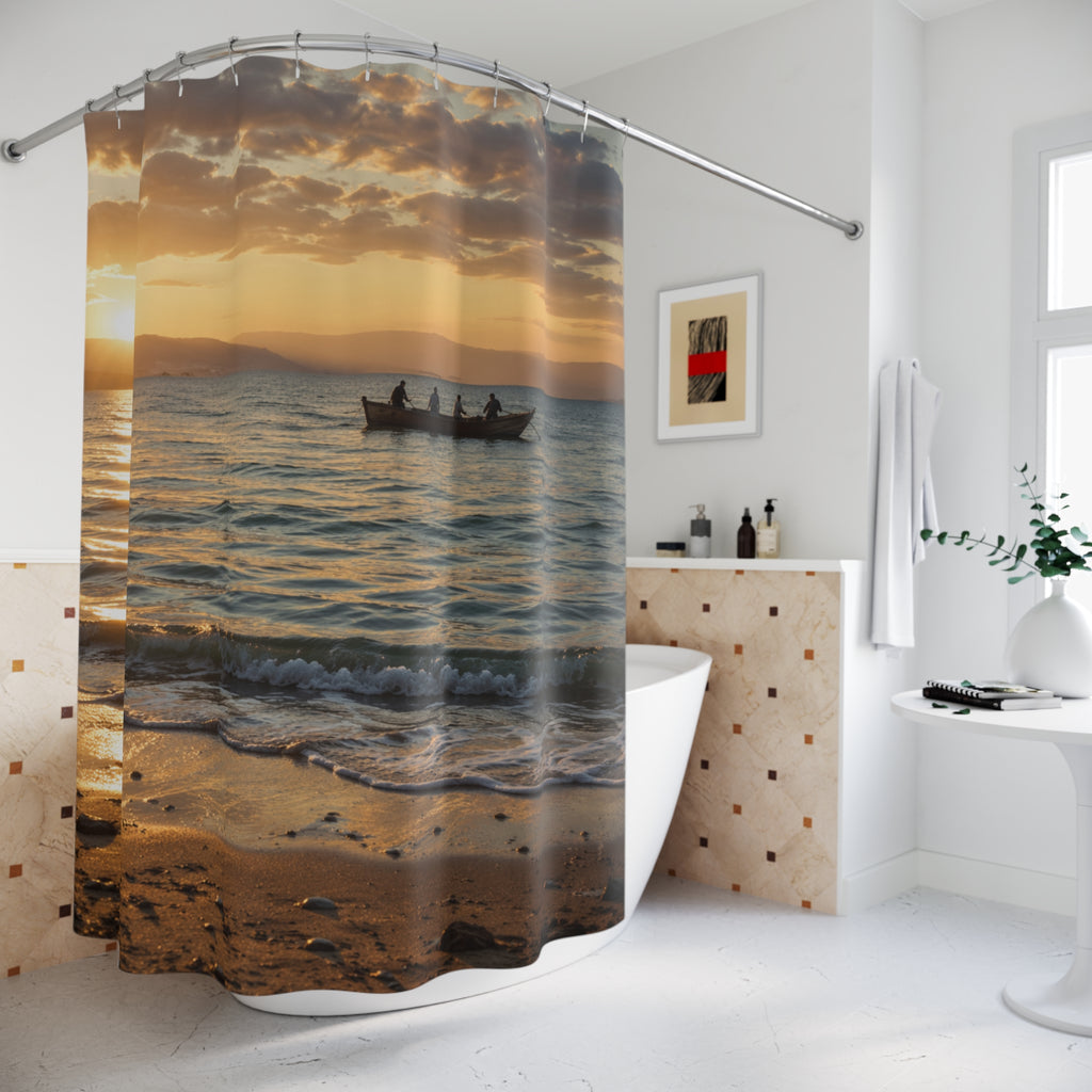 Sunset Fishing Shower Curtain – Tranquil Seascape Bathroom Decor