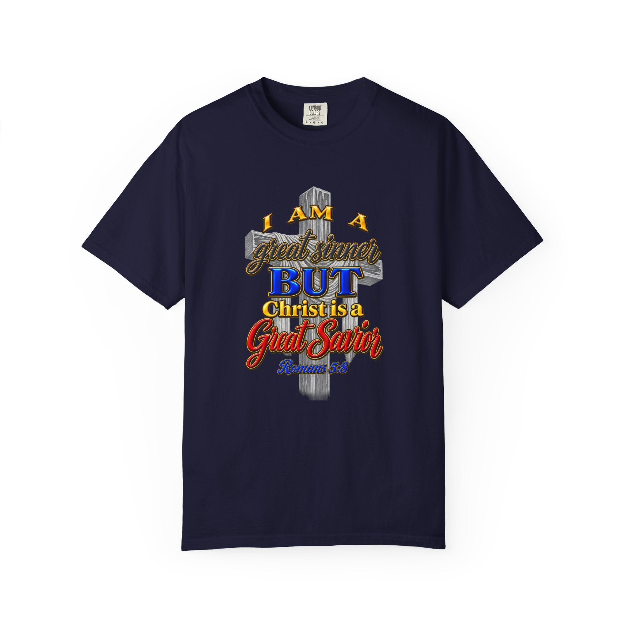 Christian Graphic T-Shirt — "I Am A Great Sinner But Christ Is A Great Savior" (Full Armor of God)