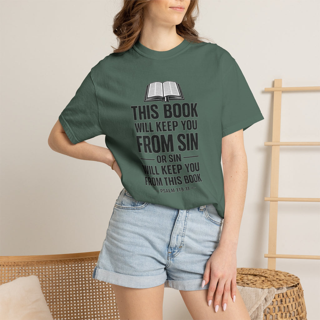 Religious T-Shirt — "This Book Will Keep You From Sin" Christian Bible Tee