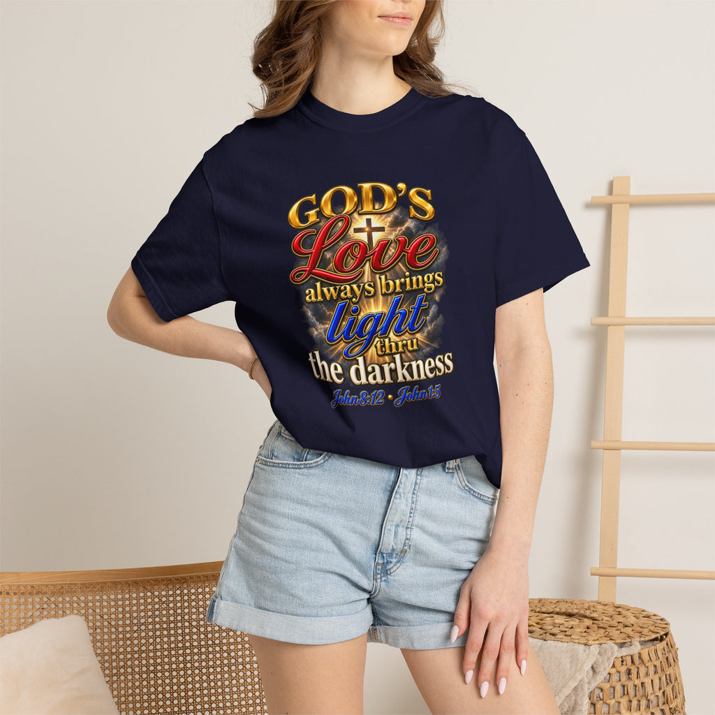 Christian Faith T-Shirt – “God’s Love Always Brings Light” Scripture Tee (John 8:12)