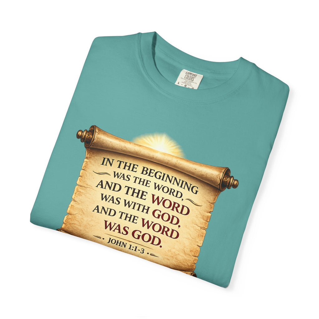 T-shirt — "In the Beginning Was the Word" John 1:1 Scroll Christian Tee