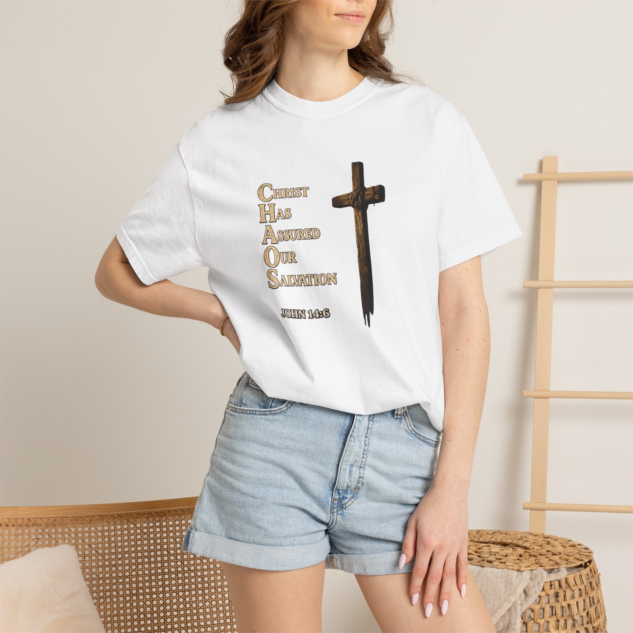 Christian Cross T-Shirt — "Christ Has Answered Our Salvation" Faith Tee (Back: "Full Armor of God")