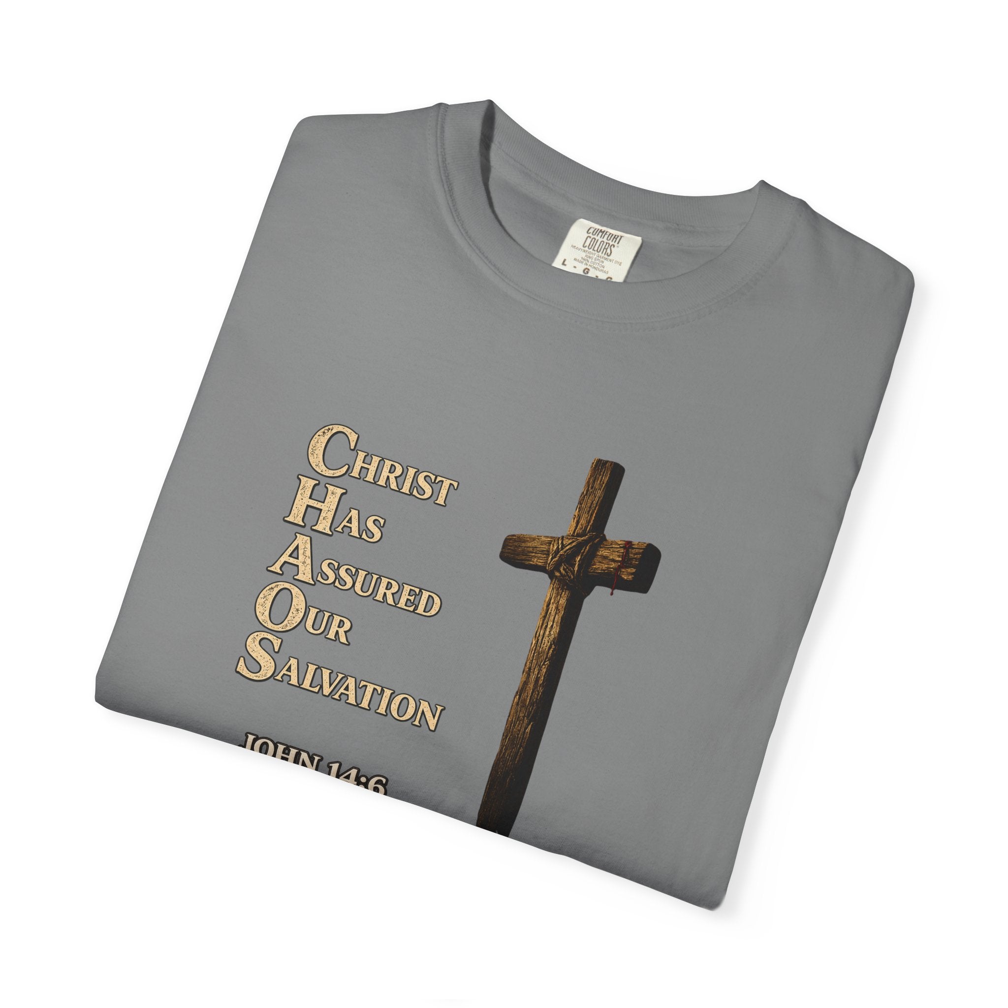 Christian Cross T-Shirt — "Christ Has Answered Our Salvation" Faith Tee (Back: "Full Armor of God")