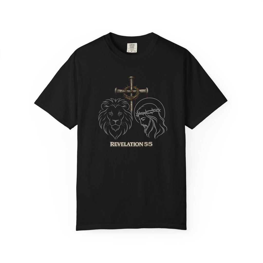 Christian Lion & Cross T-Shirt — 'Revelation 5' Faith Graphic Tee
