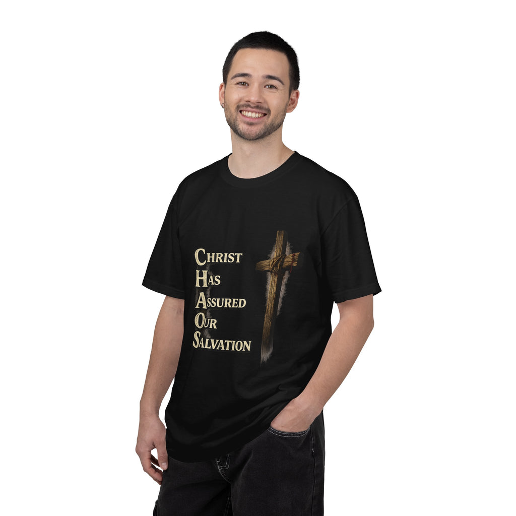 Christian Cross T‑Shirt — "CHAOS: Christ Has Assured Our Salvation" Faith Tee