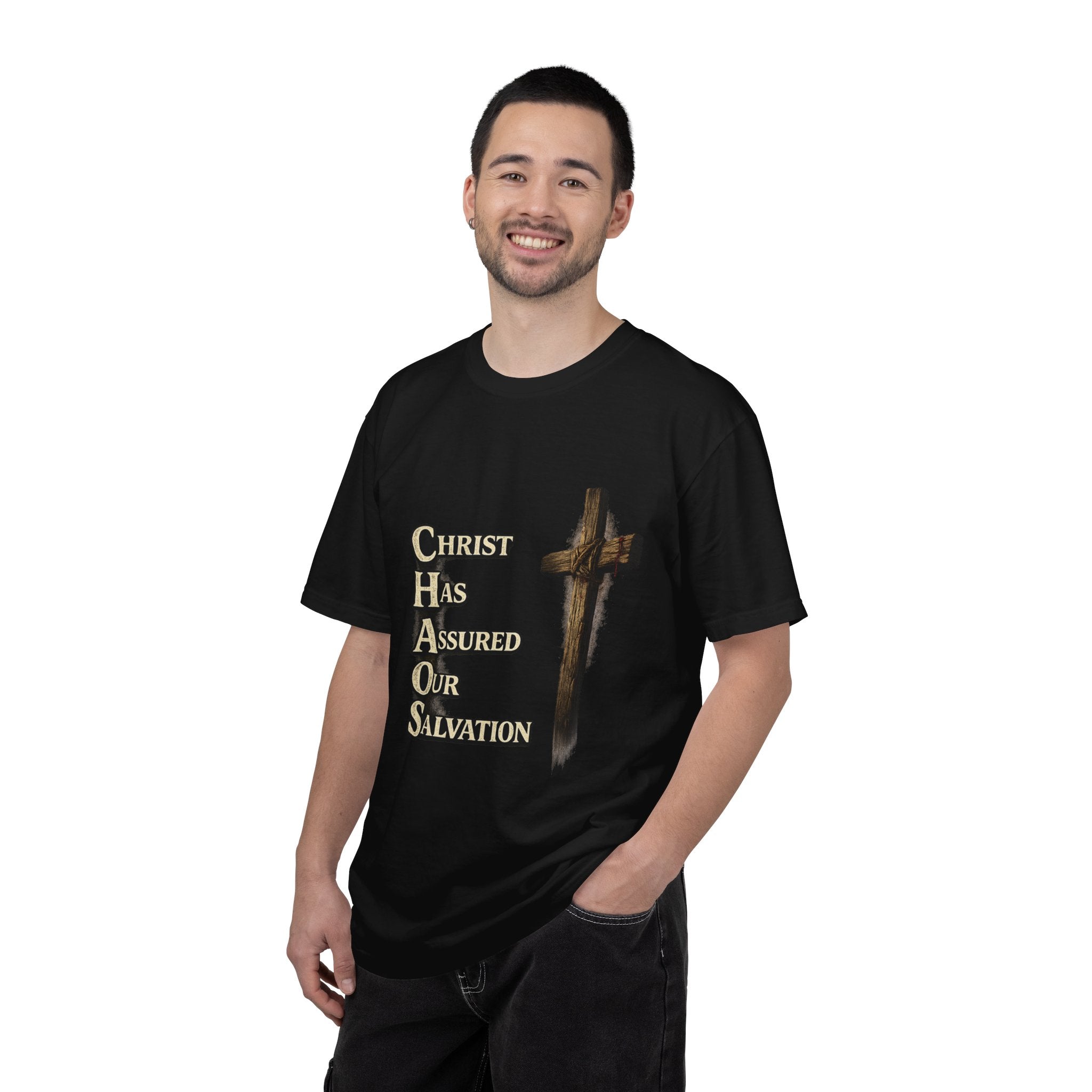 Christian Cross T‑Shirt — "CHAOS: Christ Has Assured Our Salvation" Faith Tee