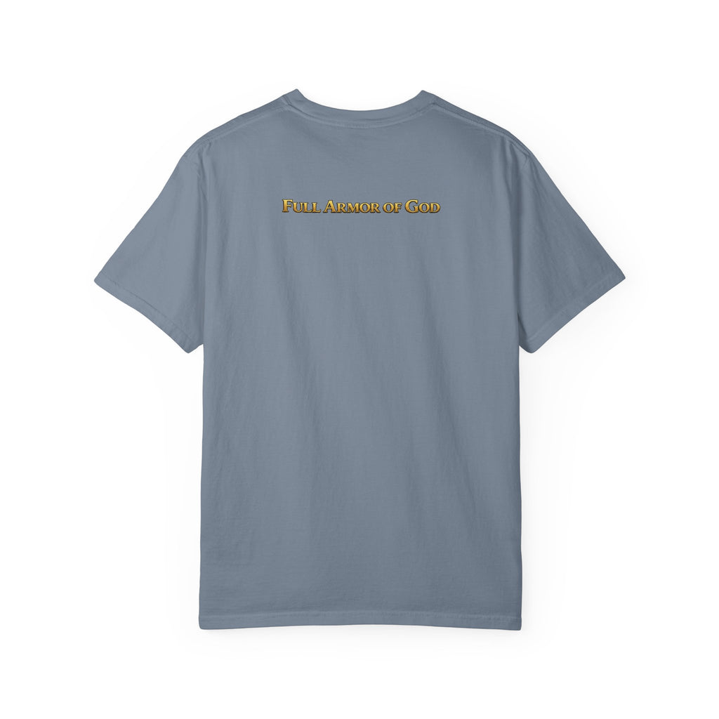 Christian Cross T-Shirt — "Christ Has Answered Our Salvation" Faith Tee (Back: "Full Armor of God")