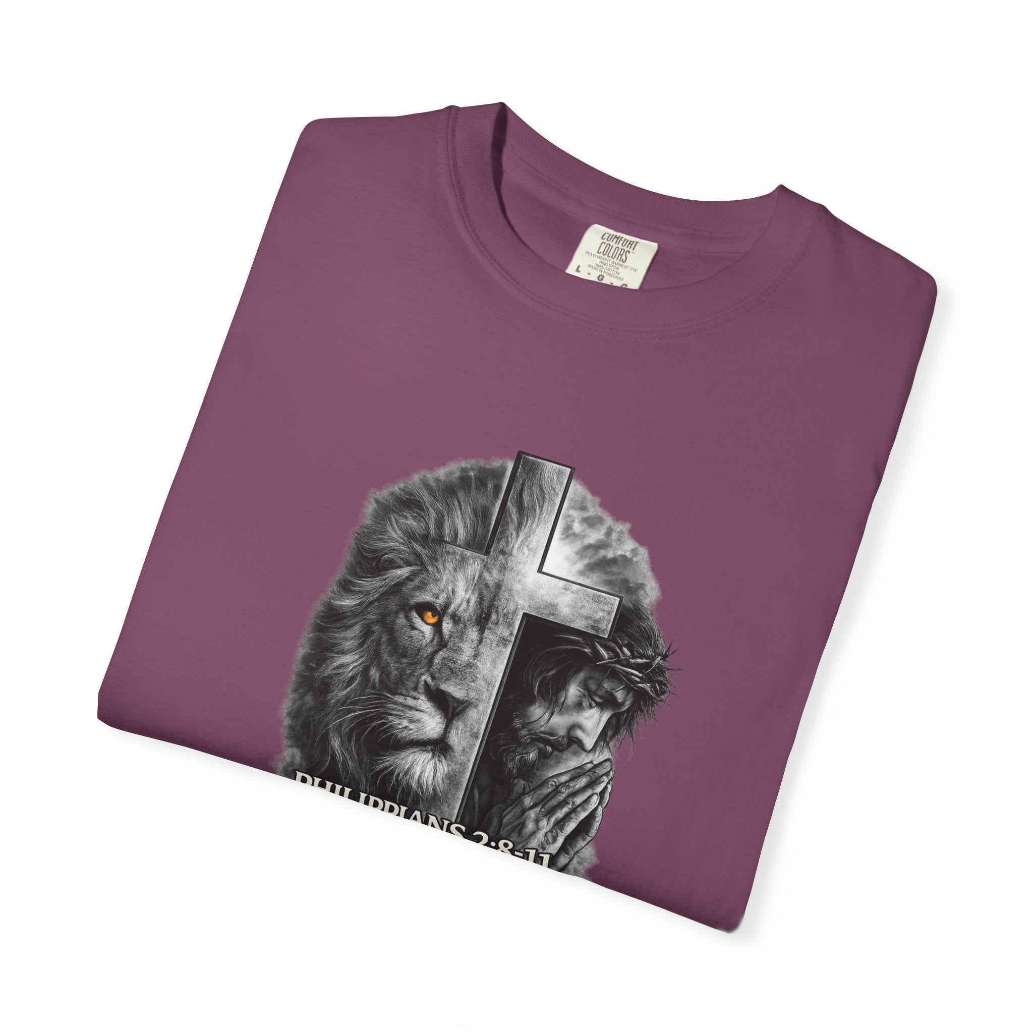 Christian Lion Cross T-Shirt — Philippians 2:8 Faith Graphic Tee