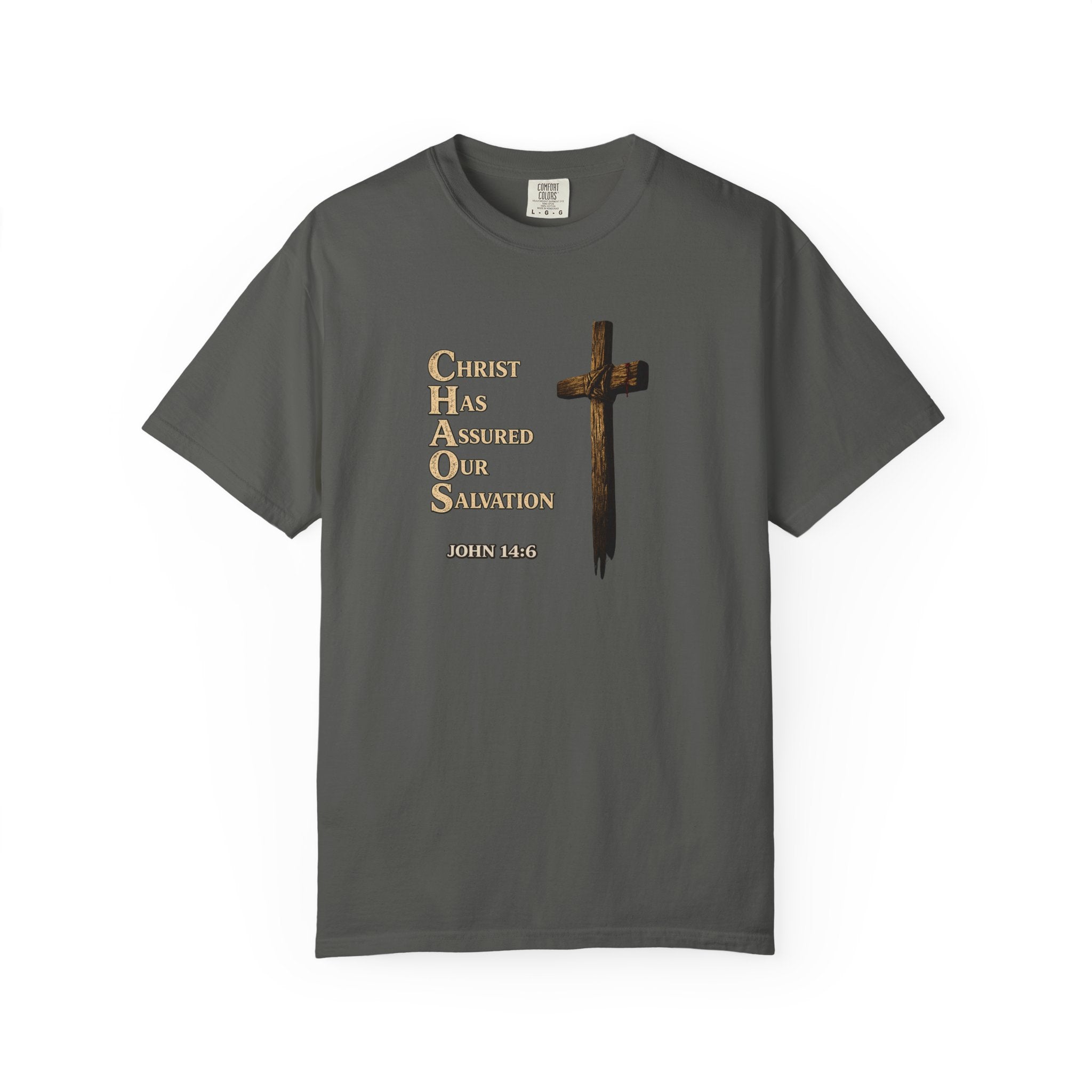 Christian Cross T-Shirt — "Christ Has Answered Our Salvation" Faith Tee (Back: "Full Armor of God")