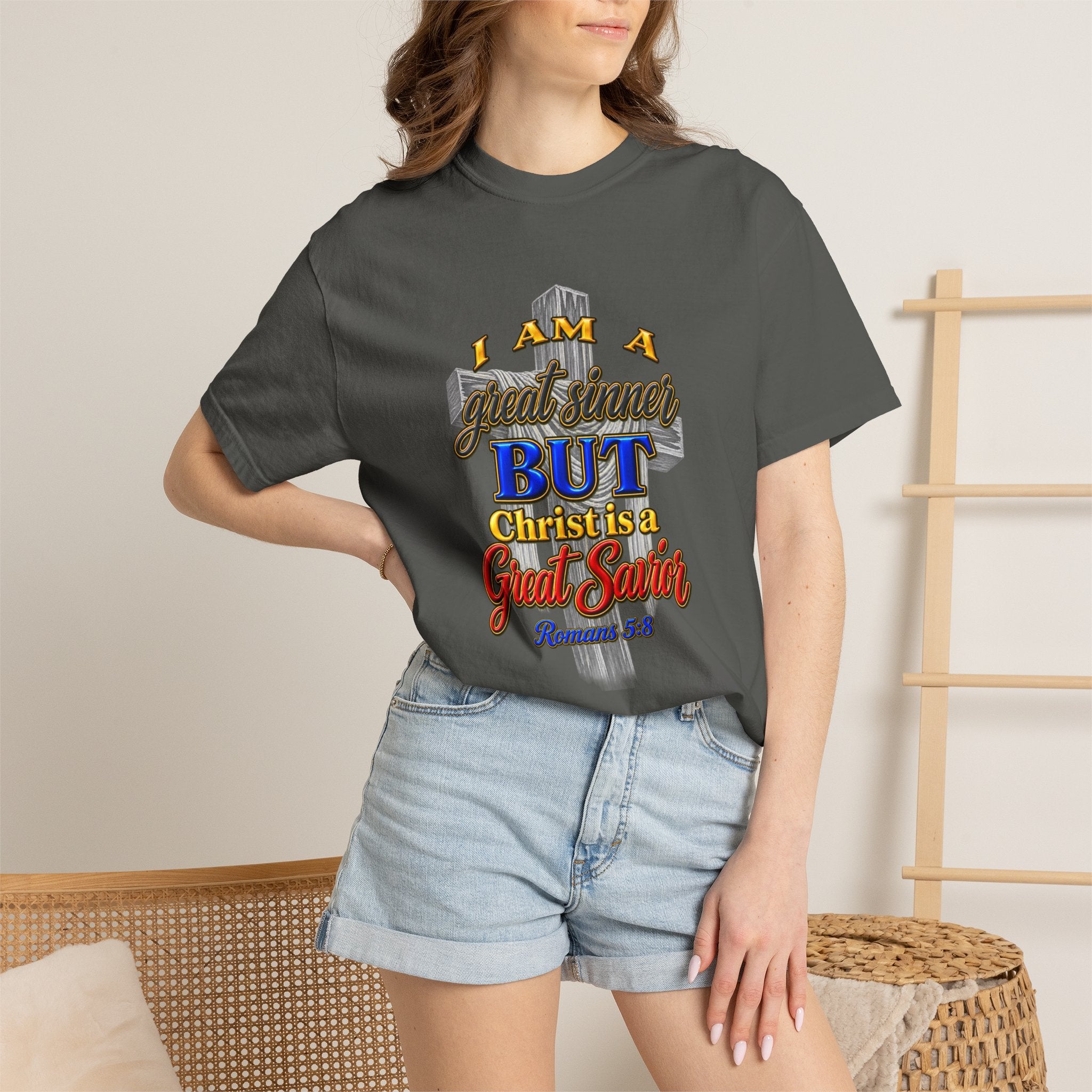 Christian Graphic T-Shirt — "I Am A Great Sinner But Christ Is A Great Savior" (Full Armor of God)