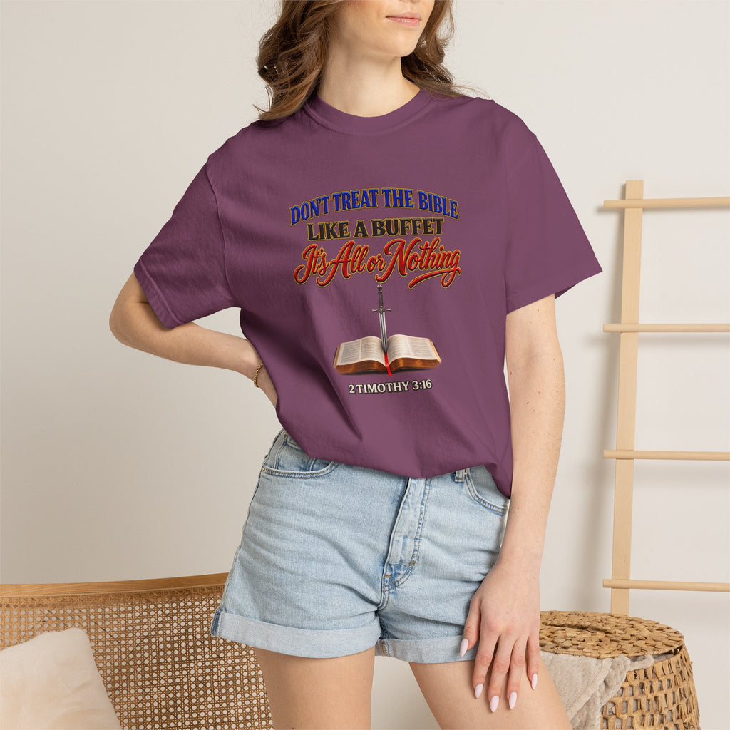 Christian Faith T-Shirt — "Don't Treat the Bible Like a Buffet" with Open Bible & "Full Armor of God" Back