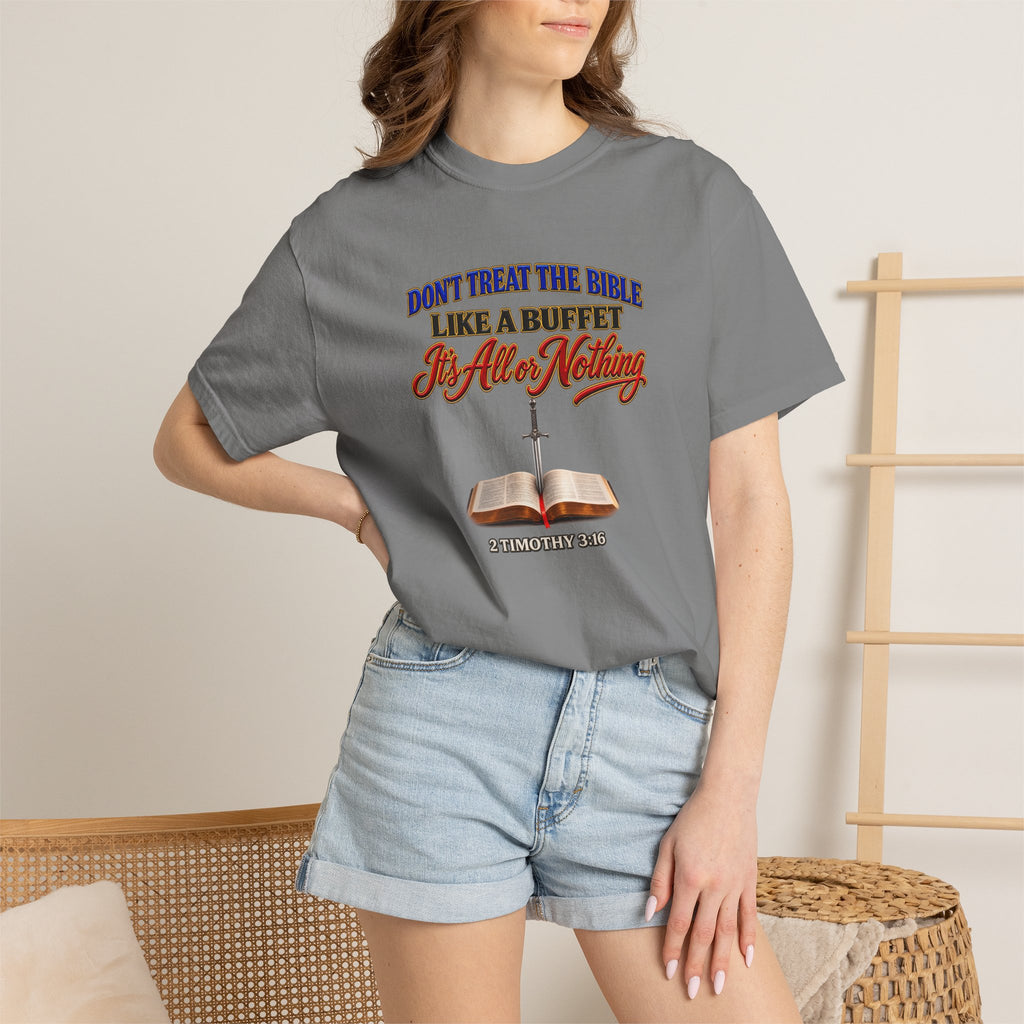 Christian Faith T-Shirt — "Don't Treat the Bible Like a Buffet" with Open Bible & "Full Armor of God" Back
