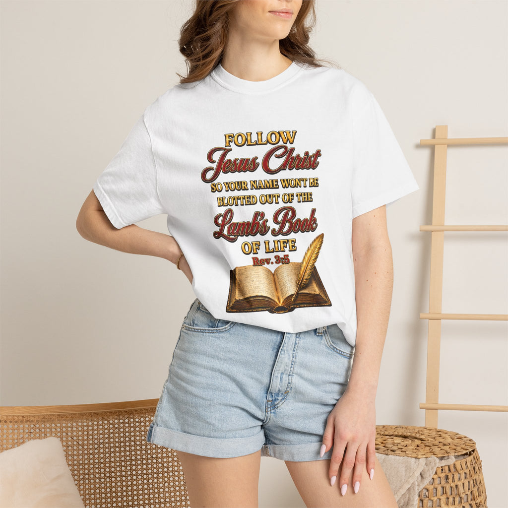 Christian T-Shirt - "Follow Jesus Christ" Bible Verse Graphic Tee (Book of Life)
