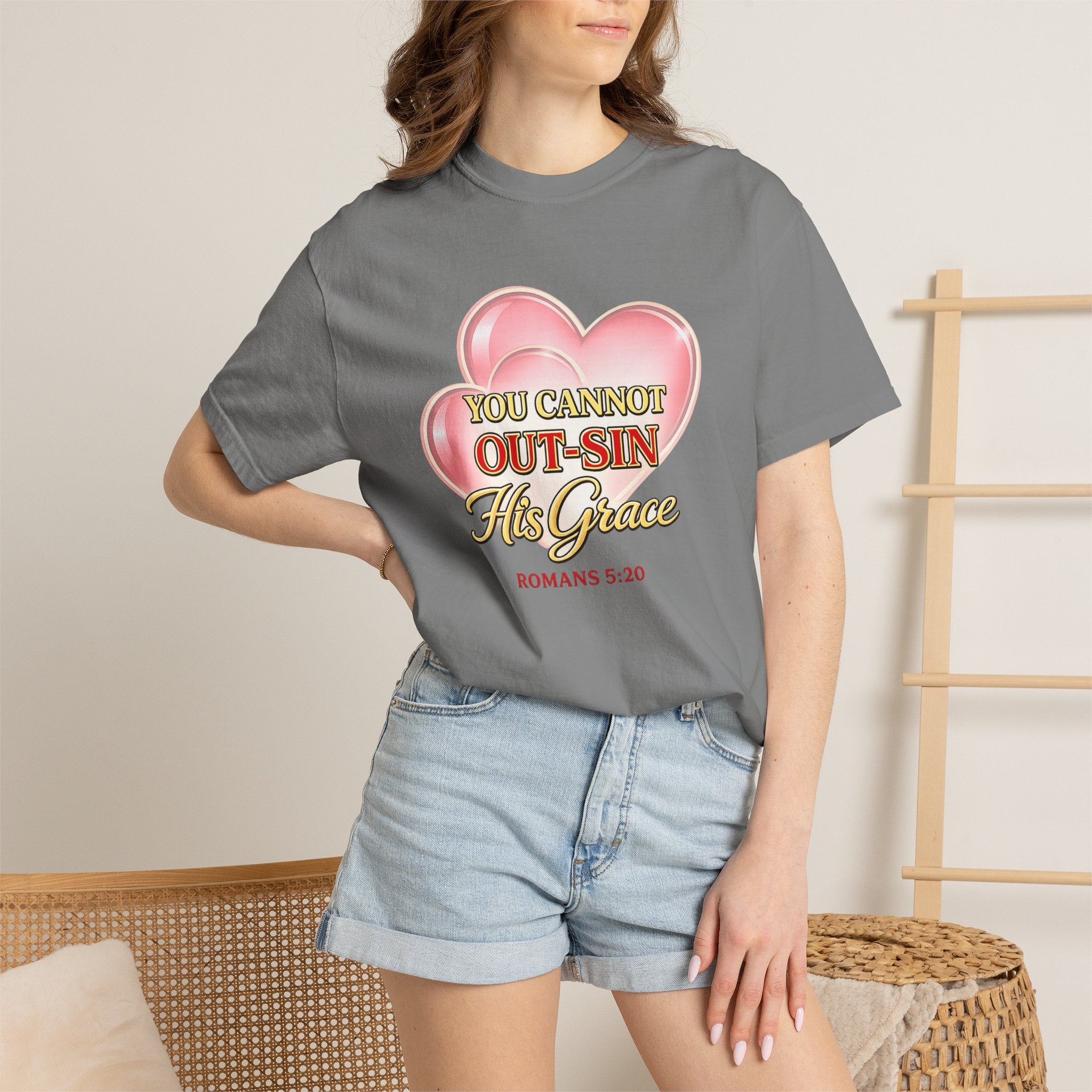 Christian Heart T-Shirt — "You Cannot Out-Sin His Grace" (Romans 5:20)