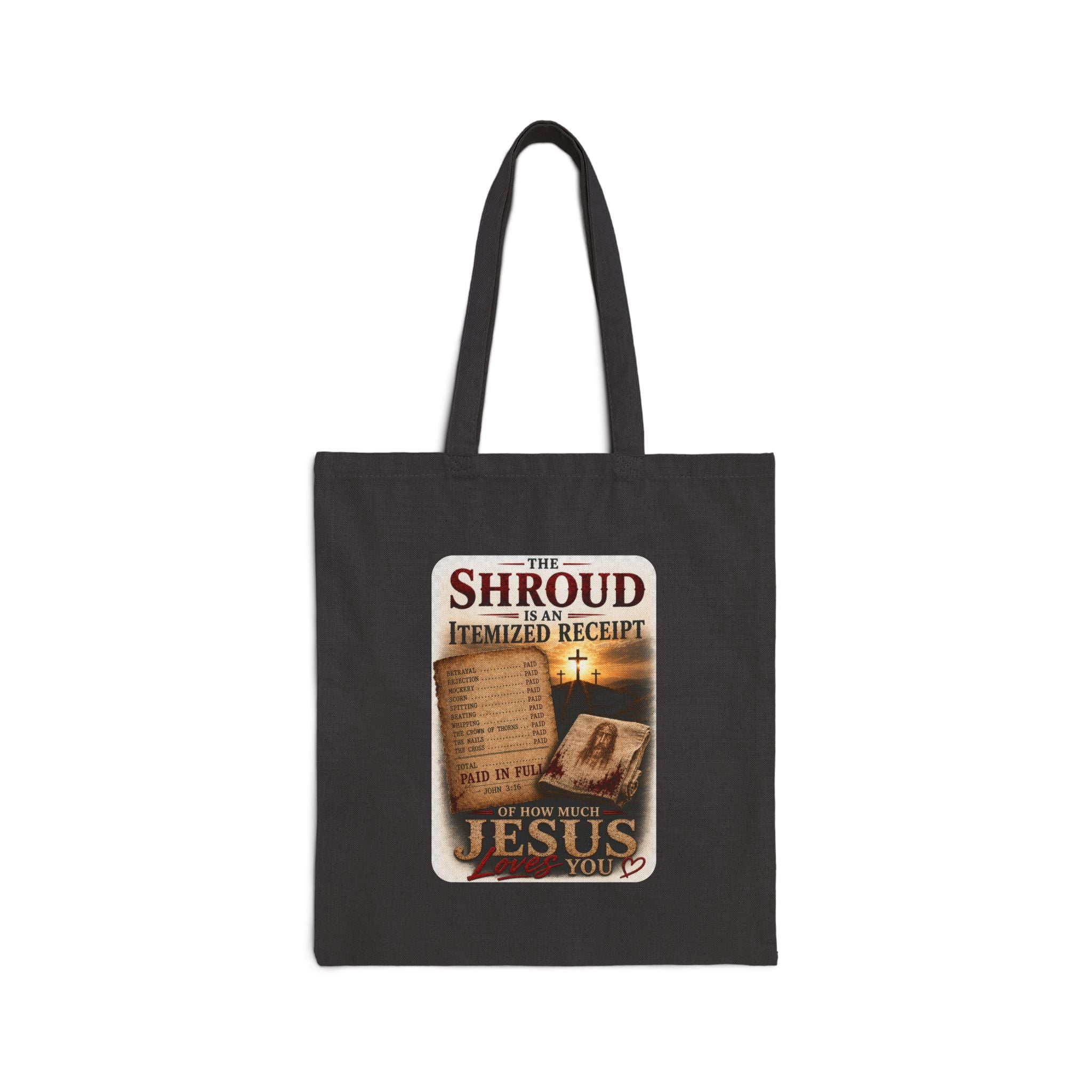 Christian Canvas Tote Bag – “The Shroud Itemized Receipt” Faith Graphic Tote
