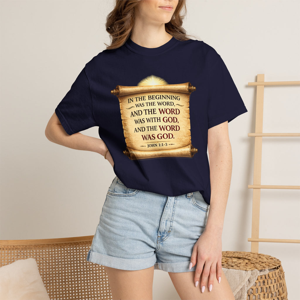 T-shirt — "In the Beginning Was the Word" John 1:1 Scroll Christian Tee