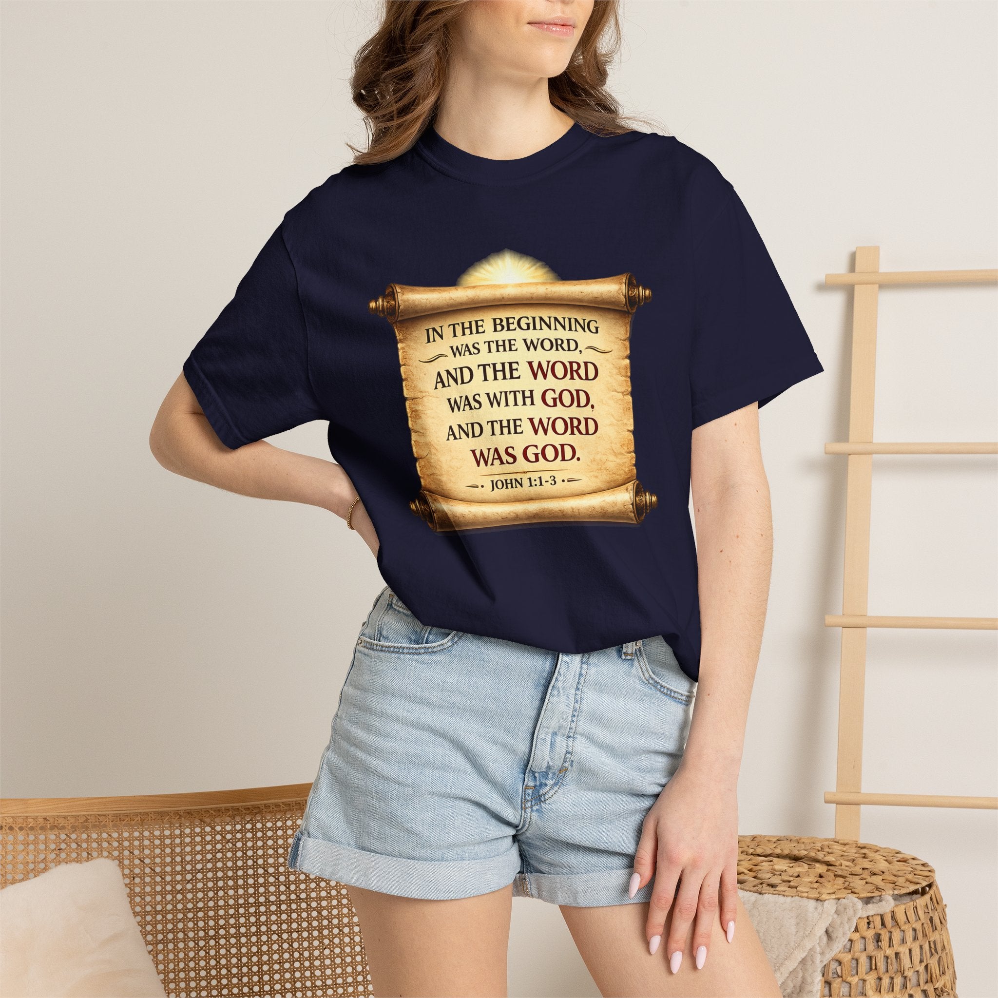 T-shirt — "In the Beginning Was the Word" John 1:1 Scroll Christian Tee