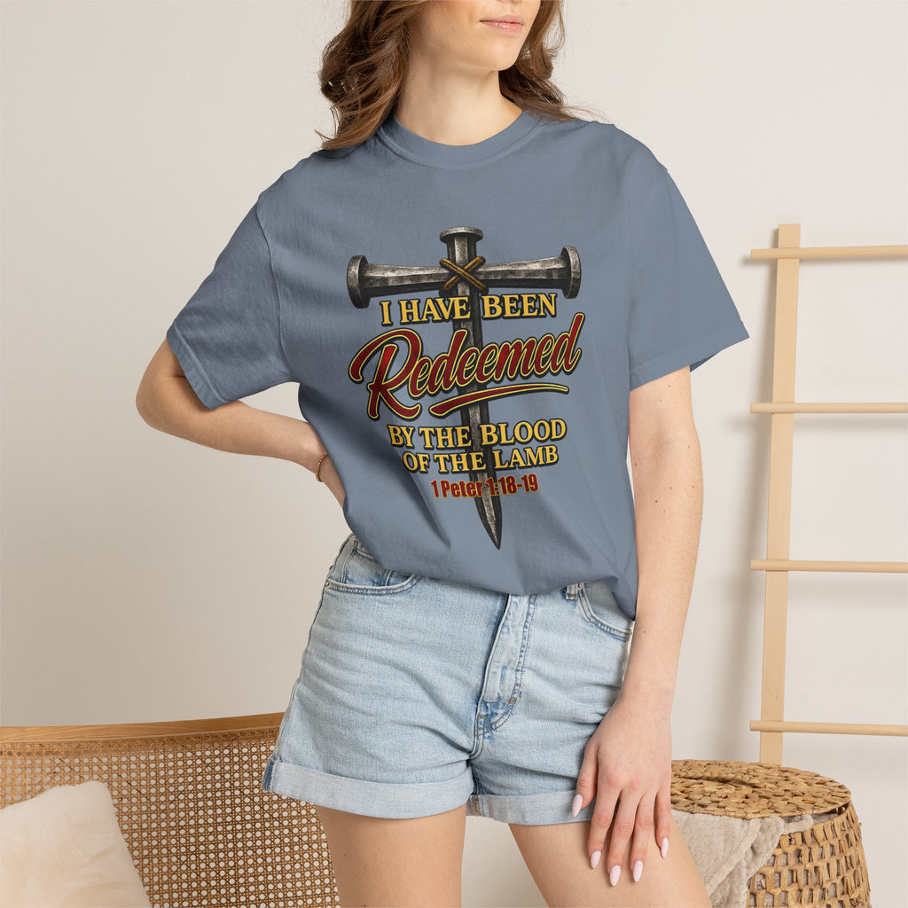 Redeemed by the Blood T-Shirt — Christian Cross & Nail Faith Tee (1 Peter 1:18-19)