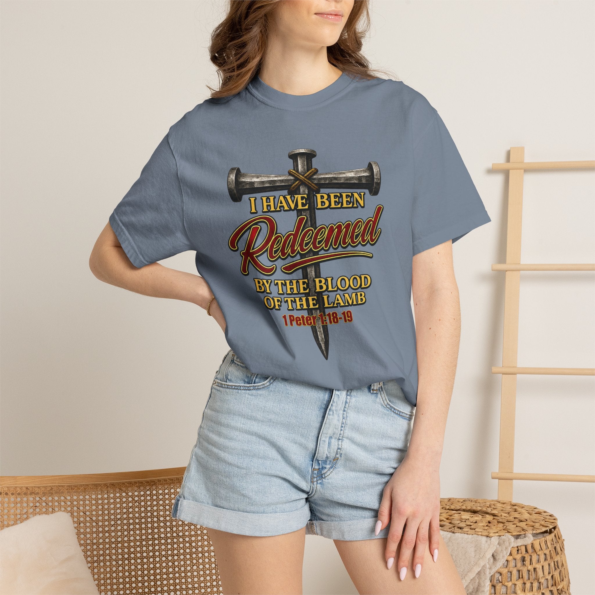 Redeemed by the Blood T-Shirt — Christian Cross & Nail Faith Tee (1 Peter 1:18-19)