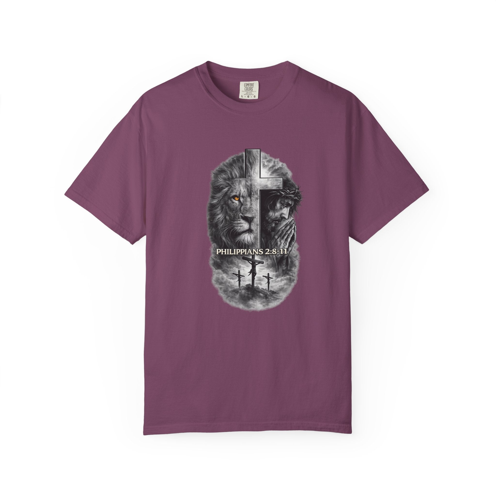 Christian Lion Cross T-Shirt — Philippians 2:8 Faith Graphic Tee