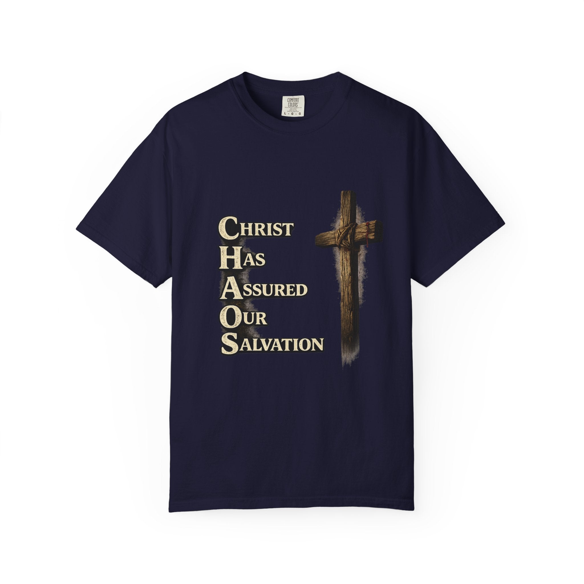 Christian Cross T‑Shirt — "CHAOS: Christ Has Assured Our Salvation" Faith Tee