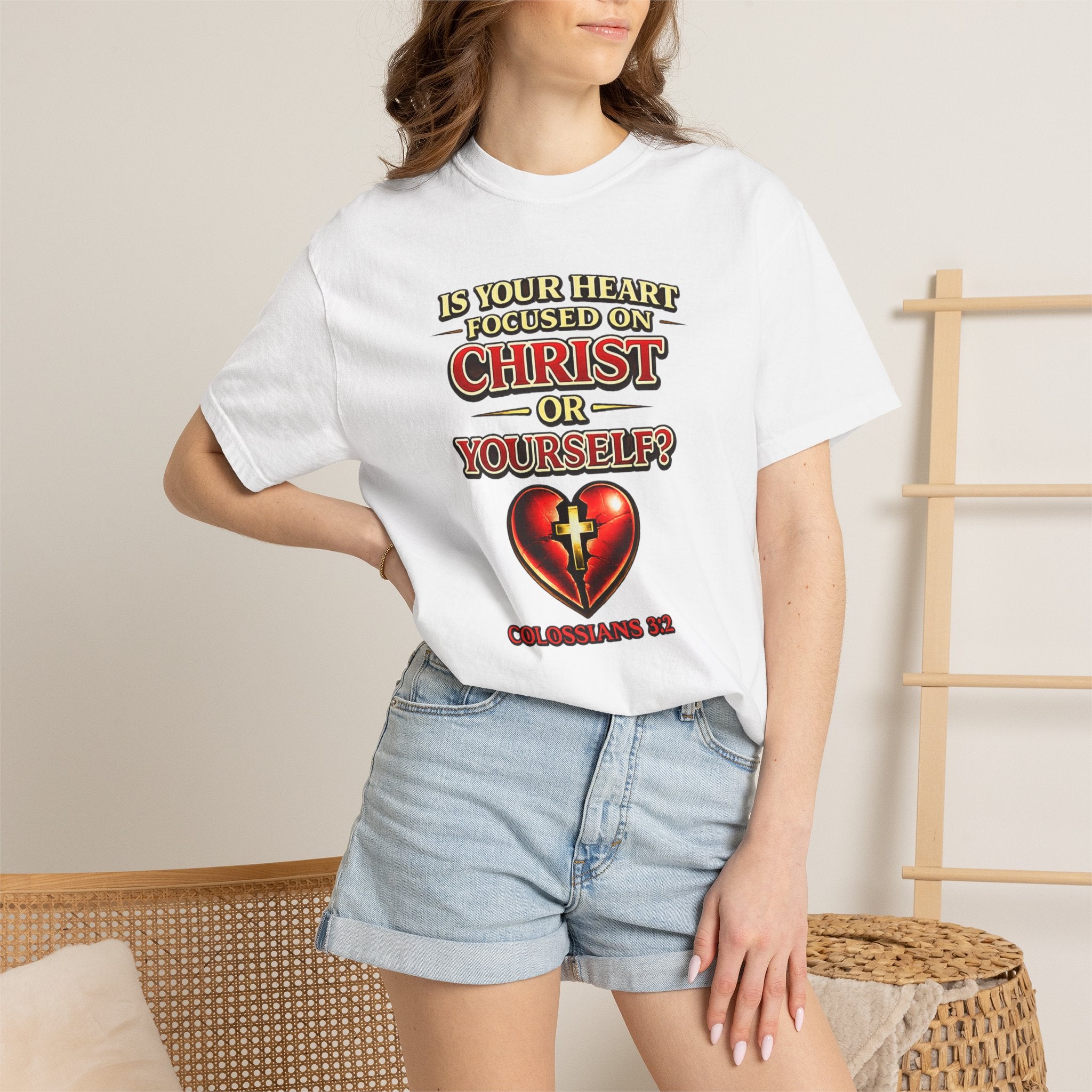 Christian Graphic T-Shirt — “Is Your Heart Focused on Christ or Yourself?” with Heart & Cross