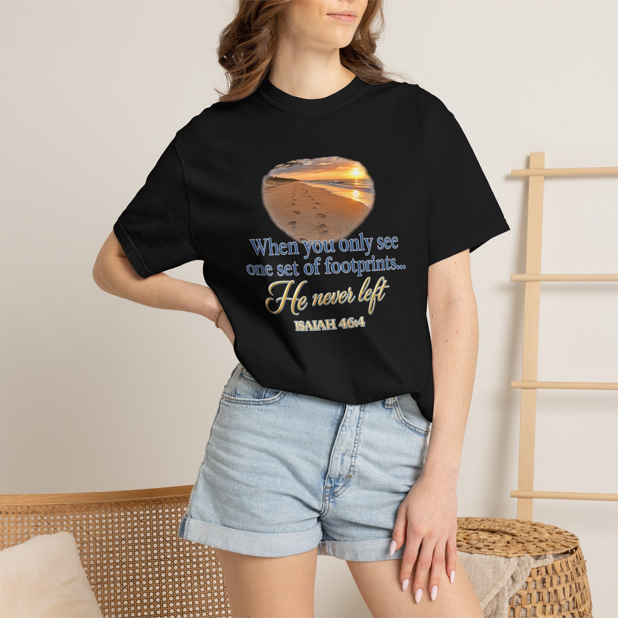 Footprints Bible Verse T-Shirt — "When You Only See One Set of Footprints... He Never Left"