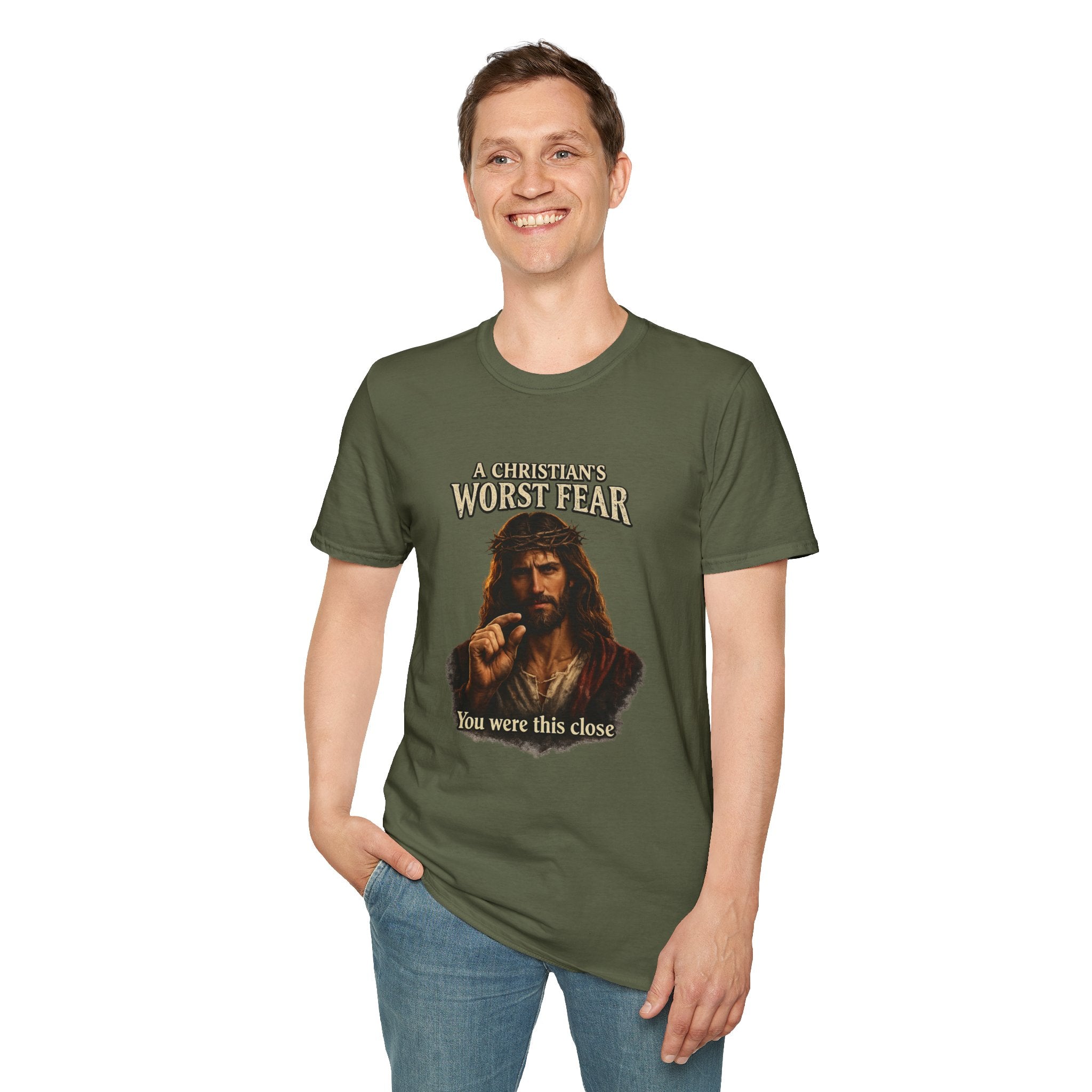 T-Shirt — “A Christian’s Worst Fear: You Were This Close” Vintage Jesus Holiday Tee