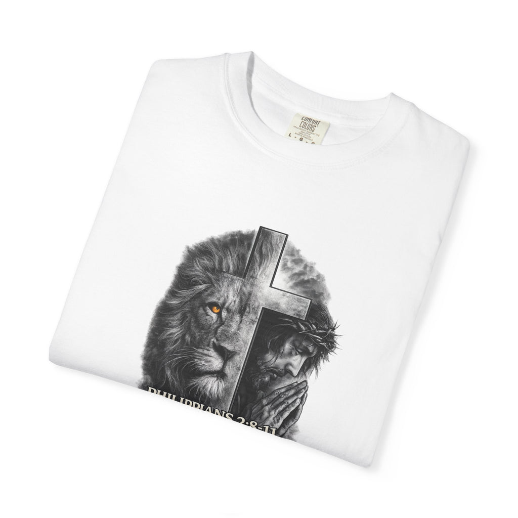 Christian Lion Cross T-Shirt — Philippians 2:8 Faith Graphic Tee