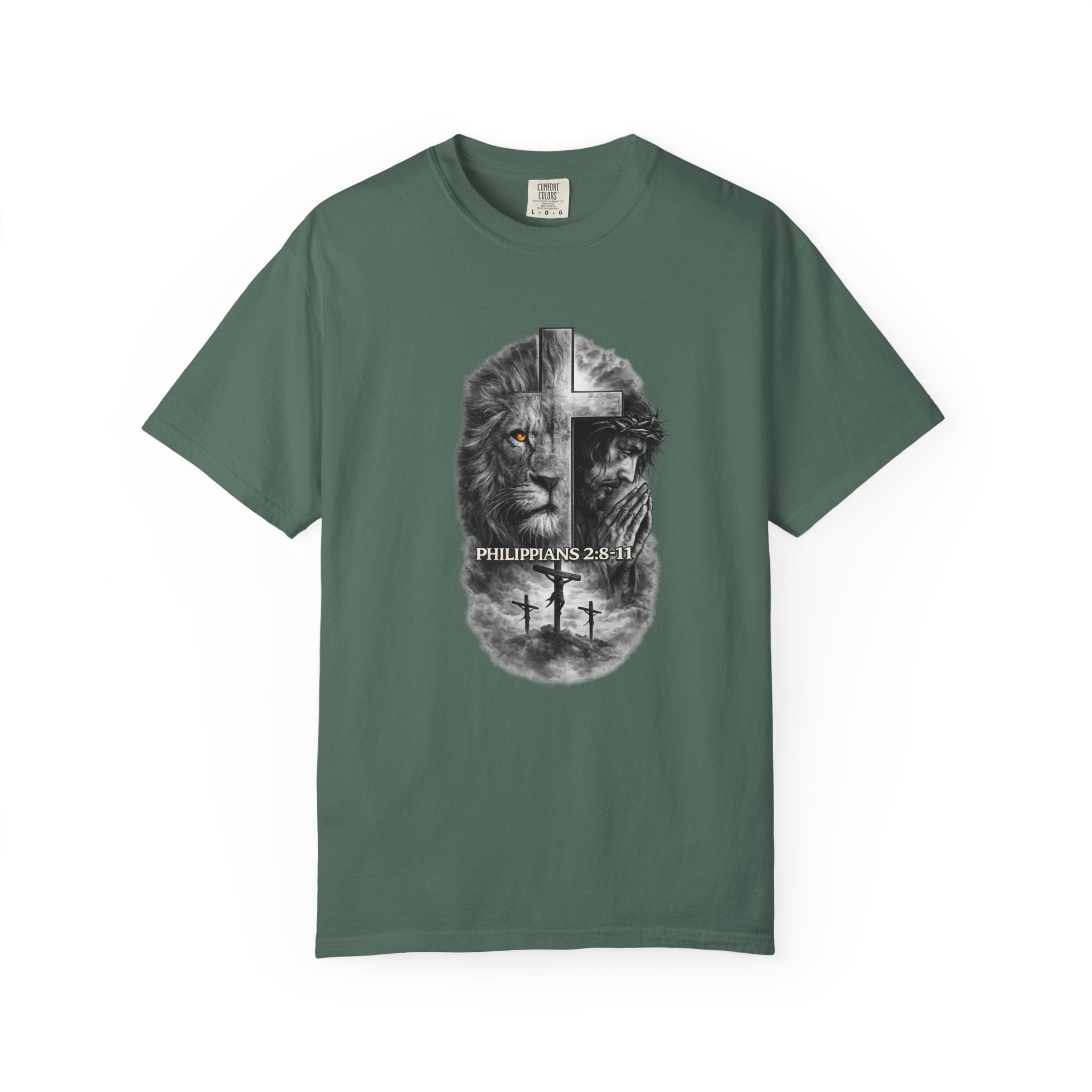 Christian Lion Cross T-Shirt — Philippians 2:8 Faith Graphic Tee