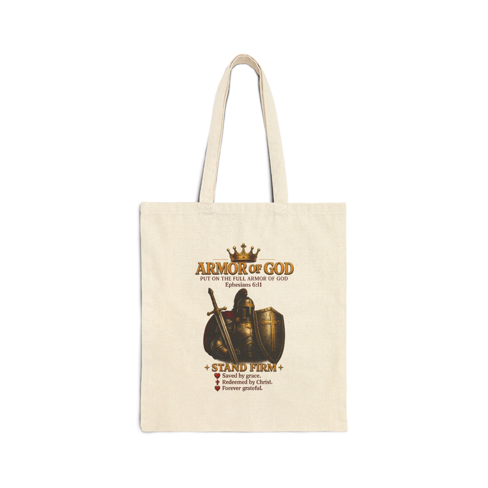 Armor of God Canvas Tote Bag — "Stand Firm" Christian Faith Grocery & Church Book Bag
