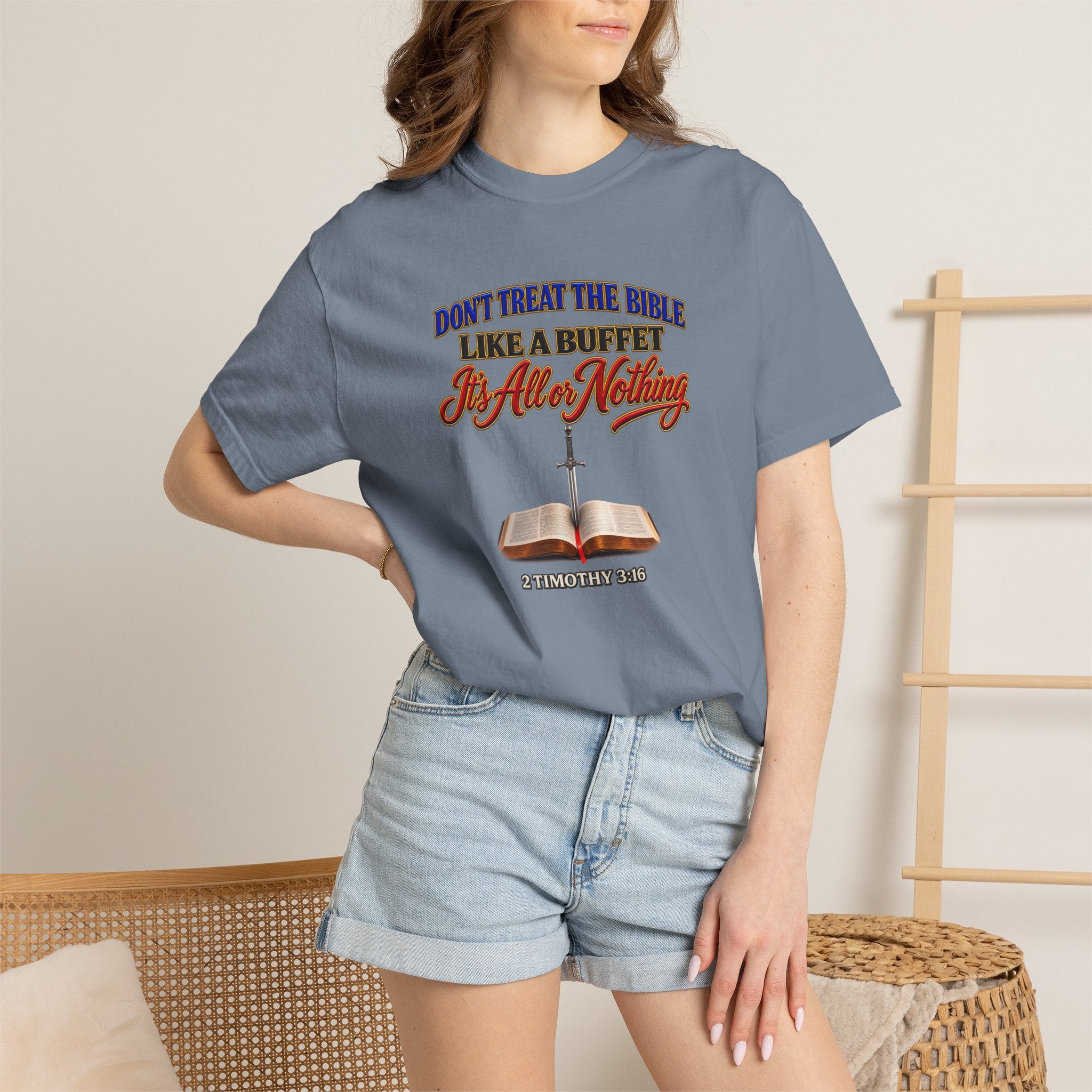 Christian Faith T-Shirt — "Don't Treat the Bible Like a Buffet" with Open Bible & "Full Armor of God" Back
